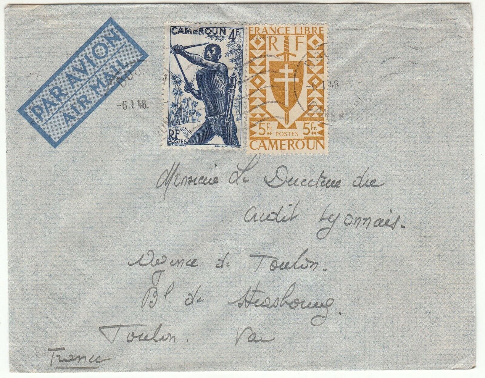 LETTRE CAMEROUN DOUALA TOULON CREDIT LYONNAIS 1948 PAR AVION 401771441052