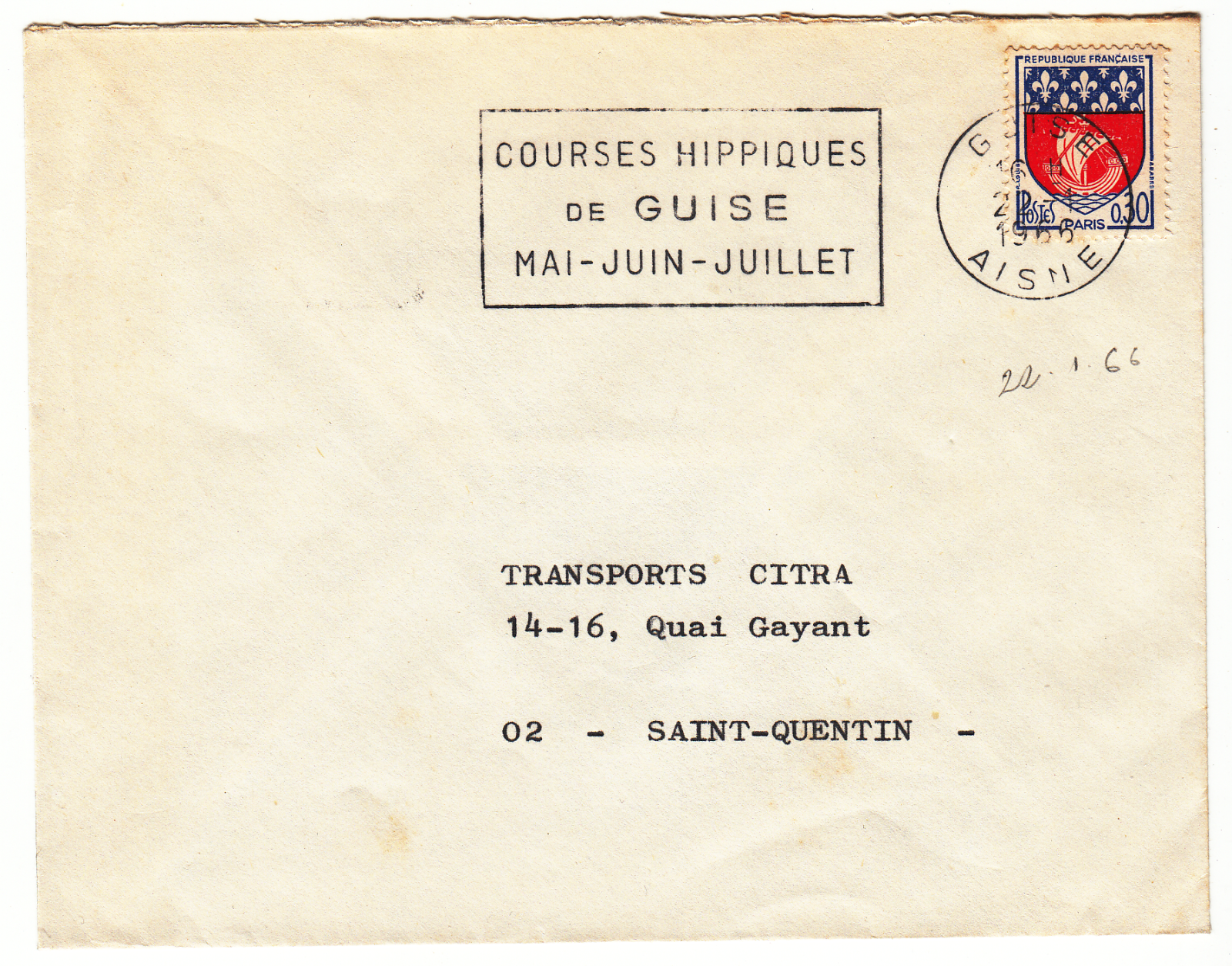 LETTRE GUISE POUR ST QUENTIN 1966 FLAMME COURSE HIPPIQUES DE GUISE 05 06 07 124066218252