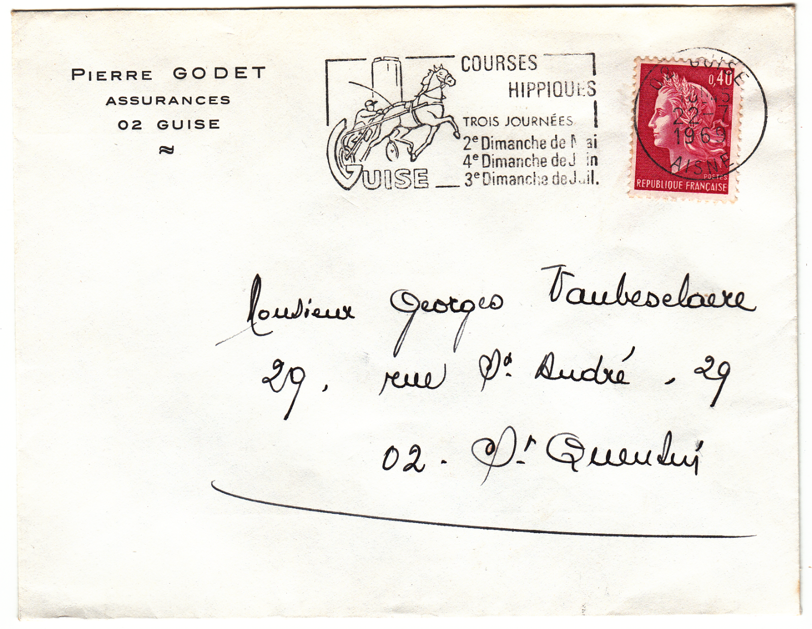 LETTRE GUISE POUR ST QUENTIN 1969 FLAMME COURSE HIPPIQUES DE GUISE 05 06 07 402059585502