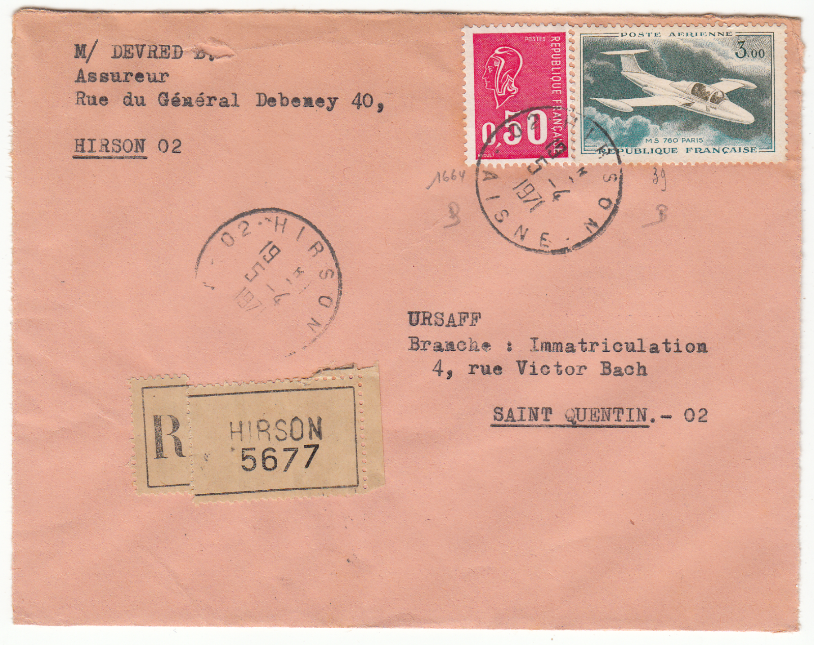 LETTRE HIRSON POUR ST QUENTIN 1971 RECOMMANDE TIMBRE POSTE AERIENNE 124067356462