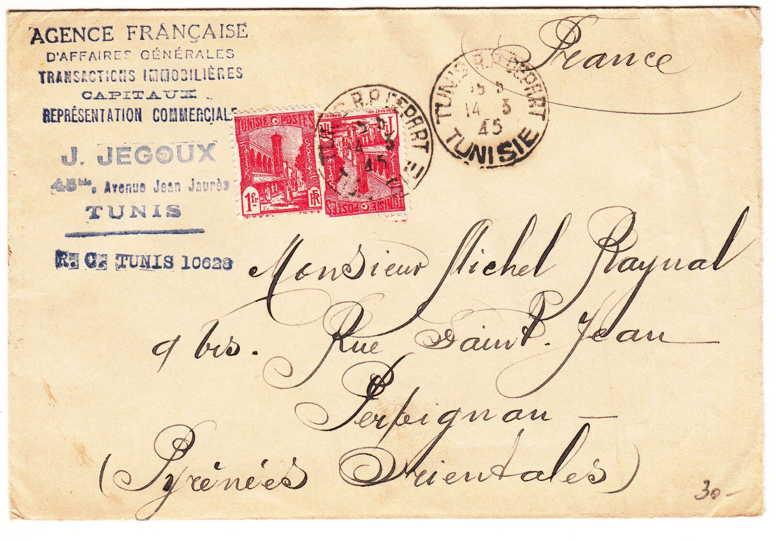 LETTRE J JEGOUX TUNIS PERPIGNAN 1945 AGENCE FRANCAISE TRANSACTIONS IMMOBILIERE 401462842452