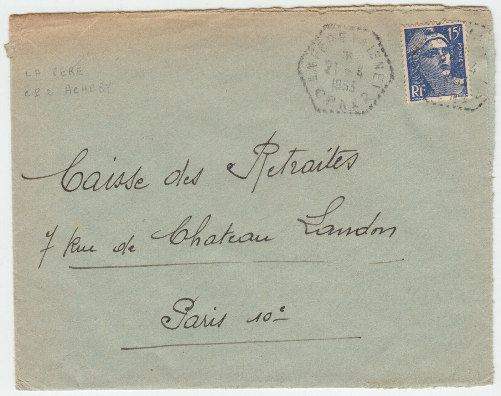 LETTRE LA FERE POUR PARIS 1953 CACHET 402084178382