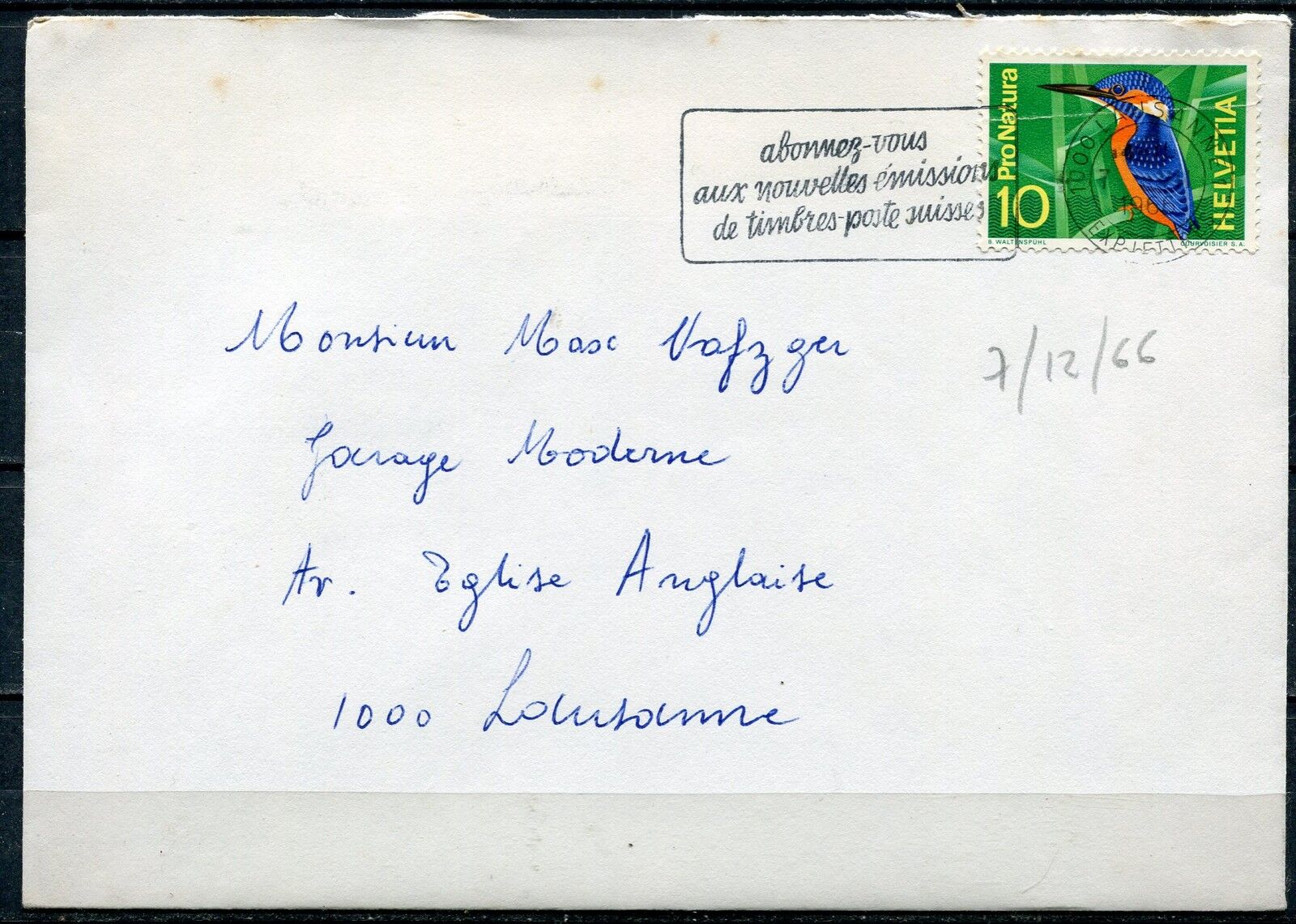 LETTRE LAUSANNE POUR LAUSANNE SUISSE 1966 FLAMME TIMBRE OISEAU 121000002032