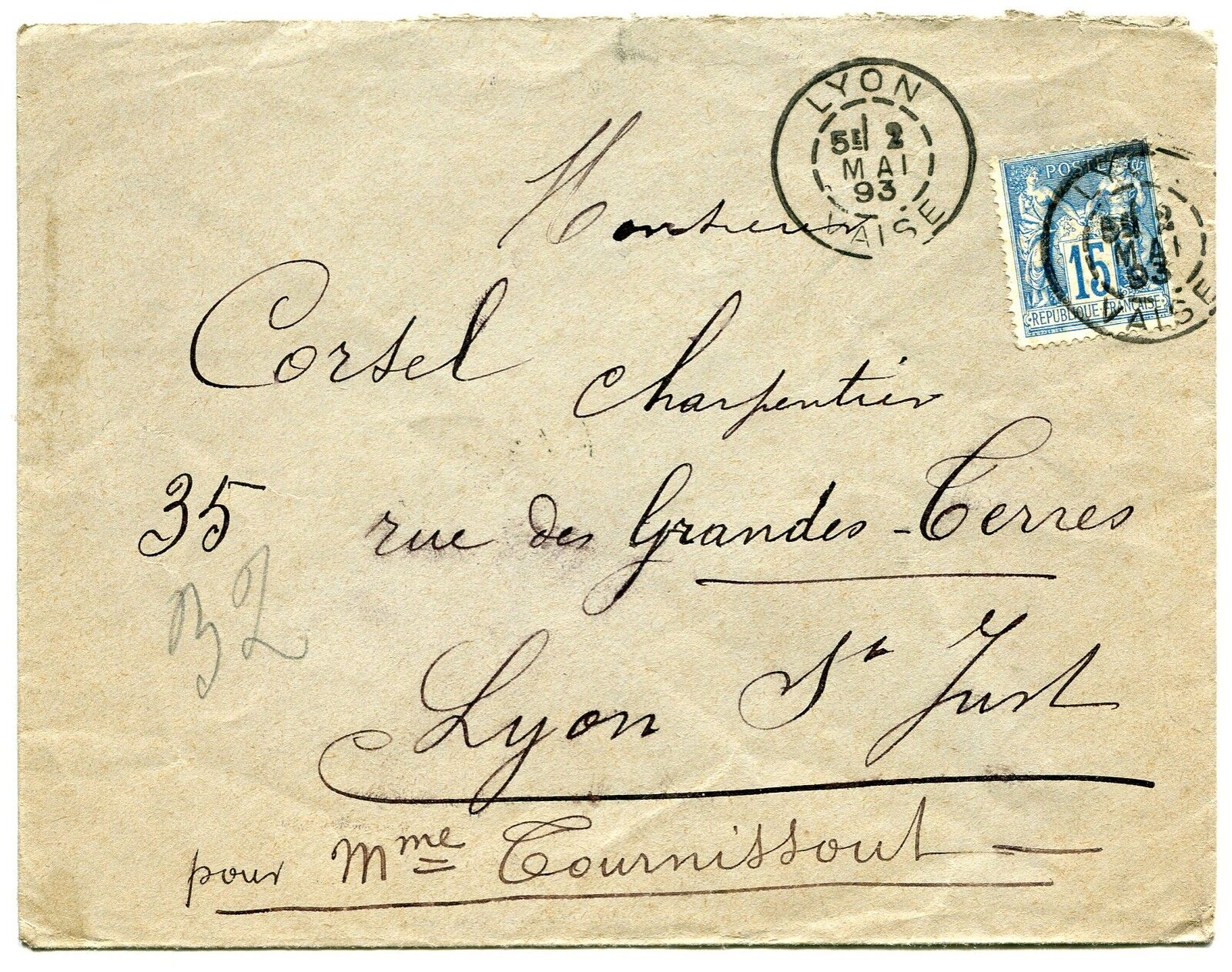 LETTRE LYON VAISE LYON RHONE 1893 TYPE SAGE 121450190082