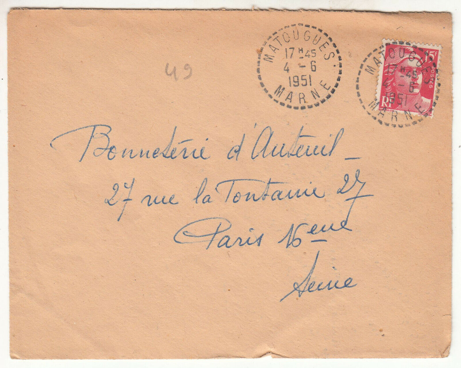 LETTRE MATOUGUES POUR PARIS 1951 GANDON CACHET PERLE 123904006202