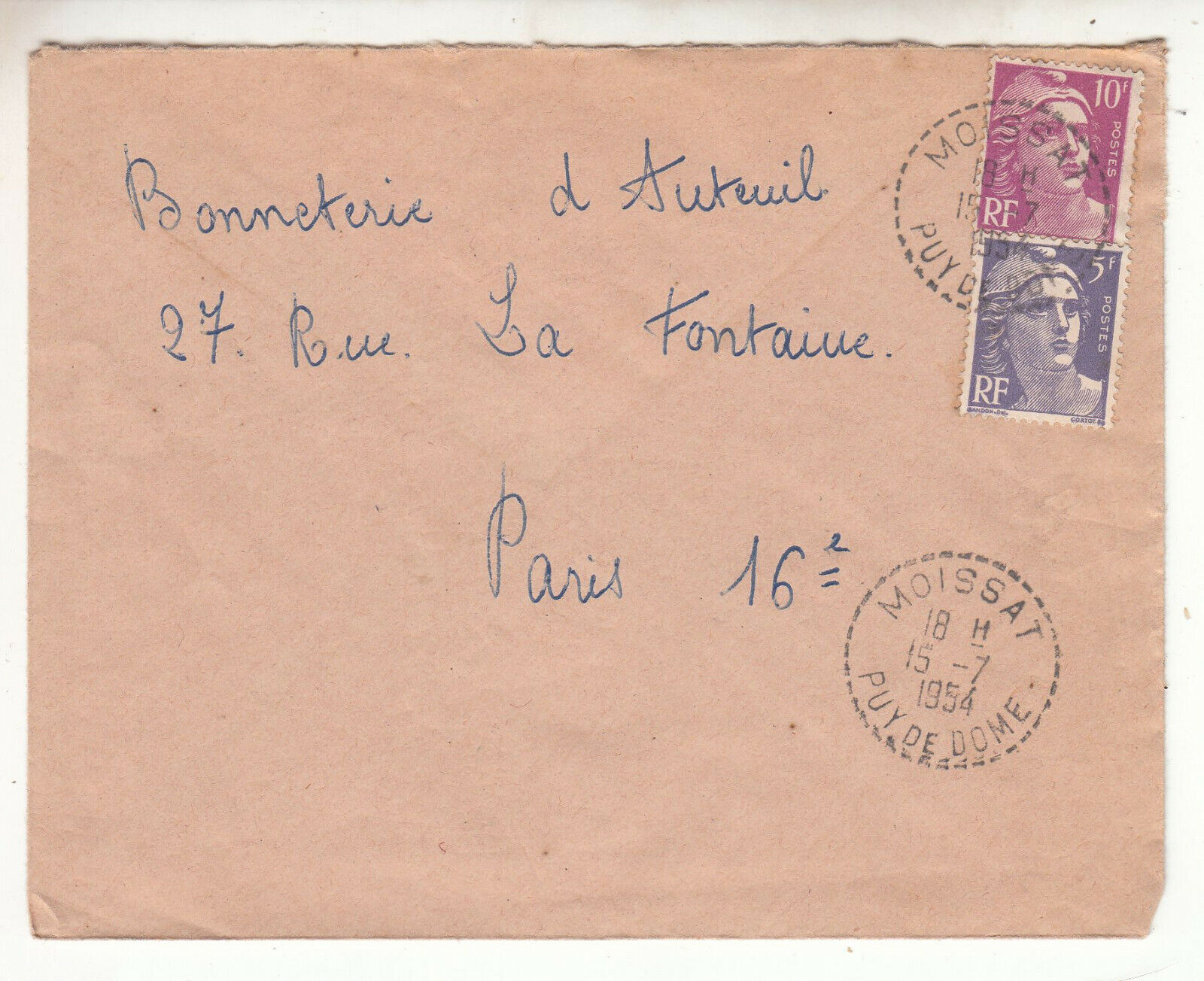 LETTRE MOISSAT PUY DE DOME POUR PARIS 1954 GANDON CACHET PERLE 123849432052