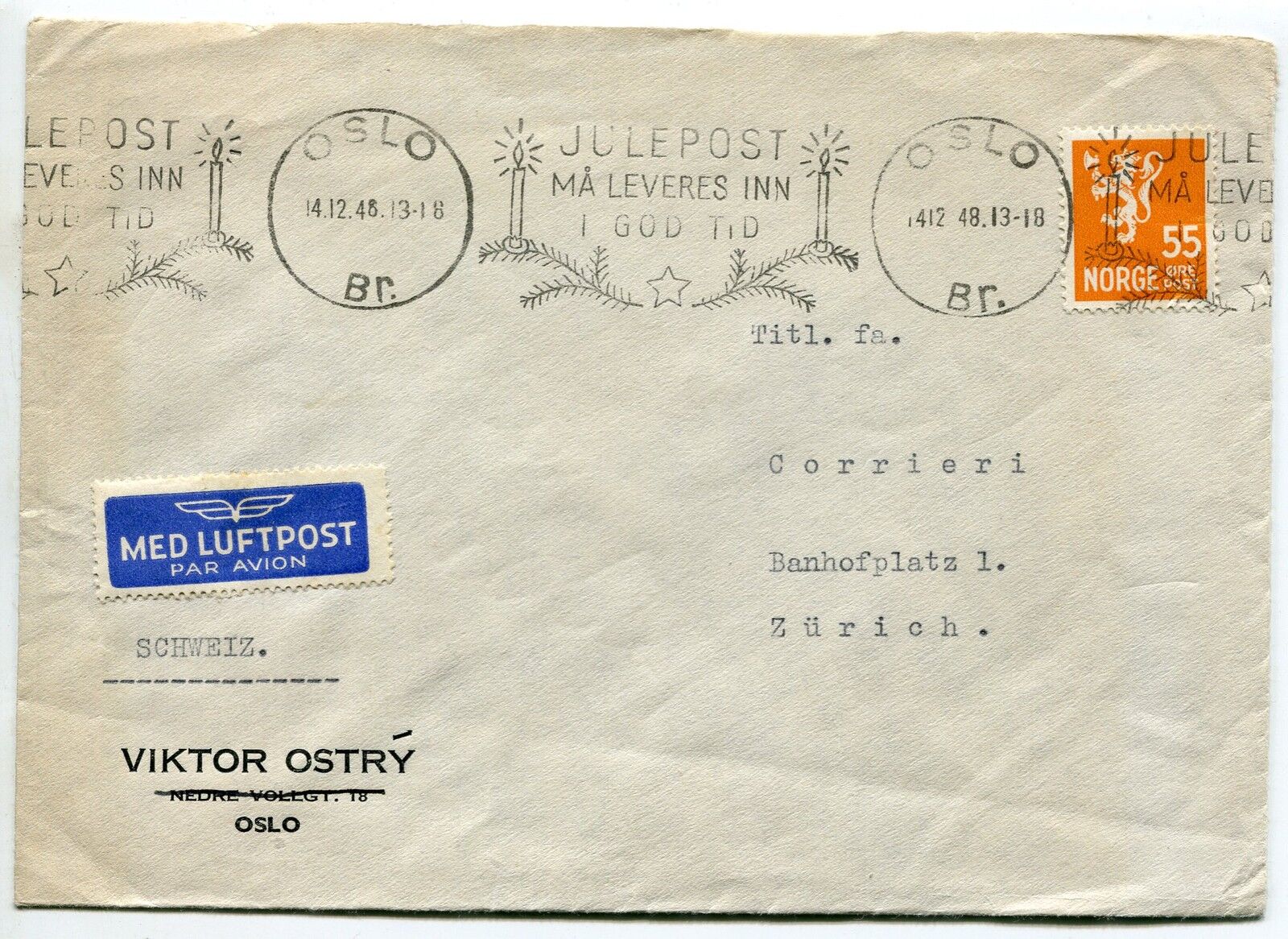 LETTRE NORVEGE OSLO ZURICH SUISSE 1948 PAR AVION AIR MAIL 121370979182