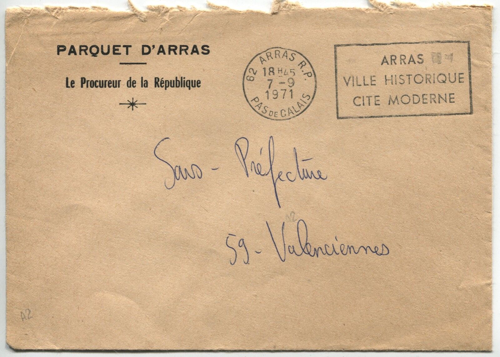 LETTRE PARQUET D ARRAS POUR LE SOUS PREFET VALENCIENNES 1971 FLAMME 120899865392