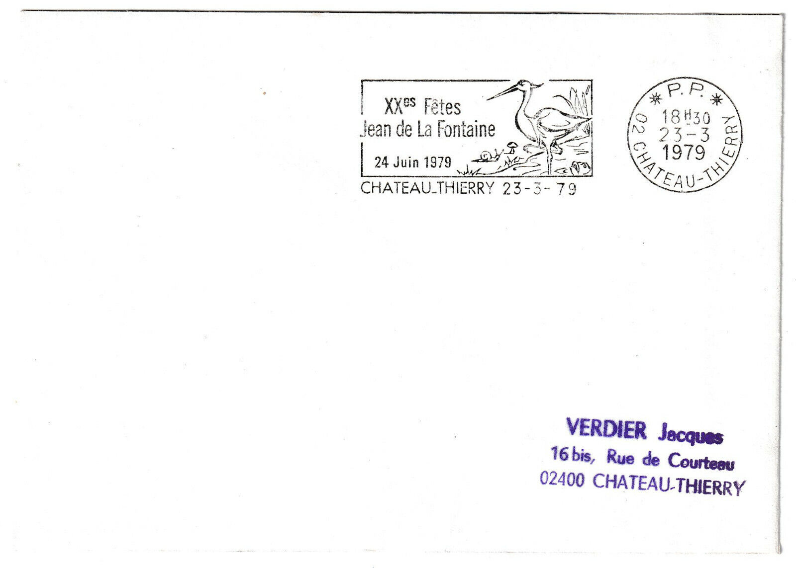 LETTRE PHILATELIQUE CHATEAU THIERRY 20 FETES DE JEAN DE LA FONTAINE 1979 124962951702