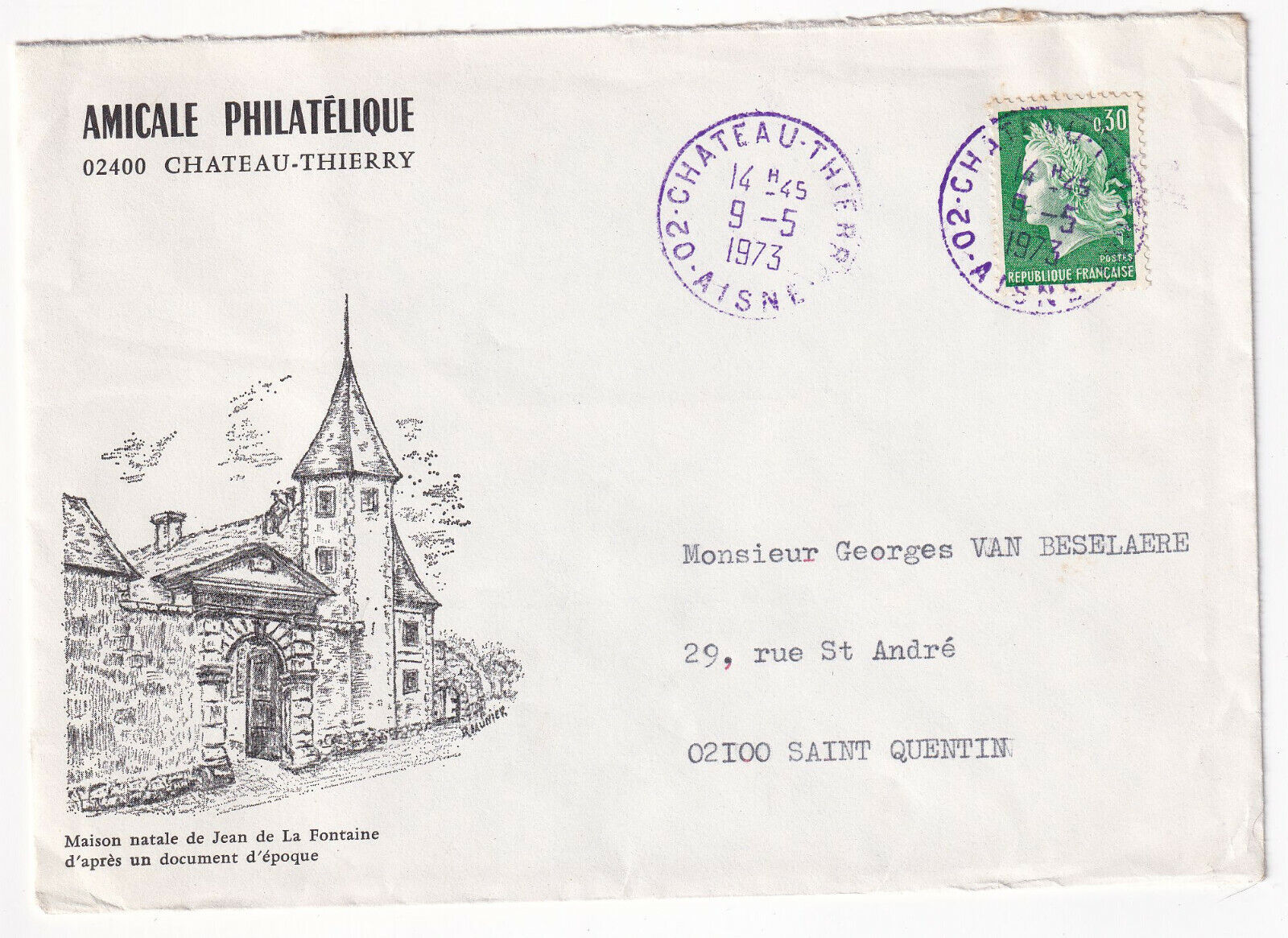 LETTRE PHILATHELIQUE CHATEAU THIERRY POUR SAINT QUENTIN CACHET VIOLET 1973 403243209152