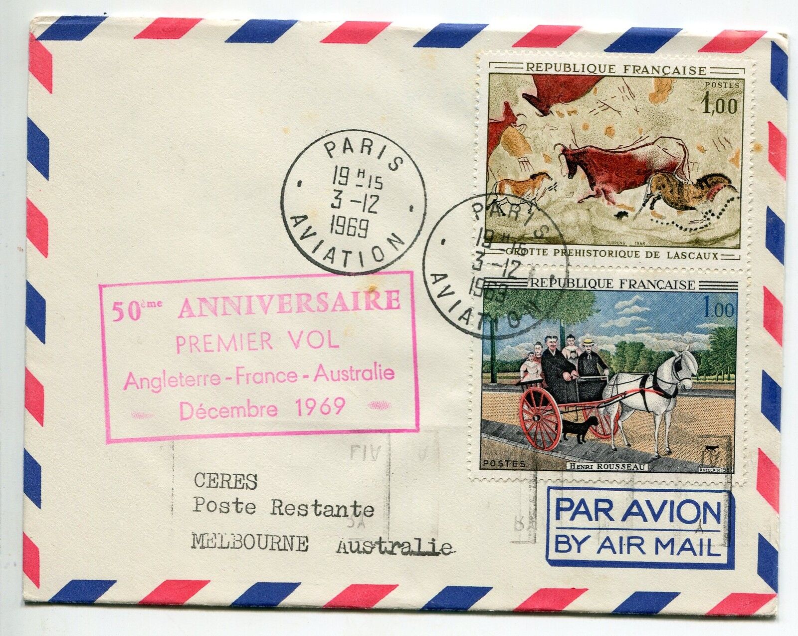 LETTRE PREMIER VOL ANGLETERRE PARIS MELBOURNE AUSTRALIE 1969 121458312662