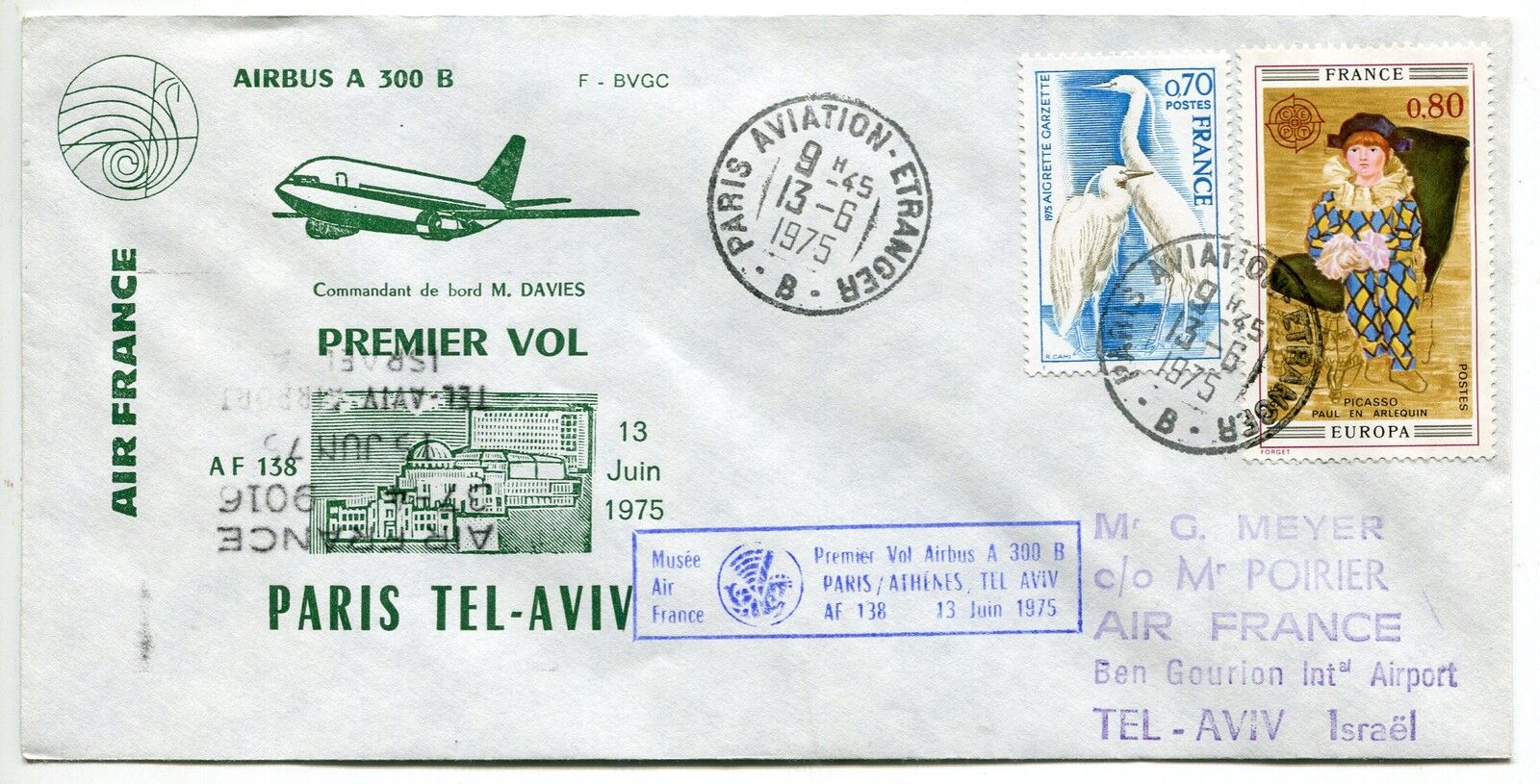 LETTRE PREMIER VOL PARIS ATHENES TEL AVIV ISRAEL 1975 AIRBUS A 300 B 400787479922