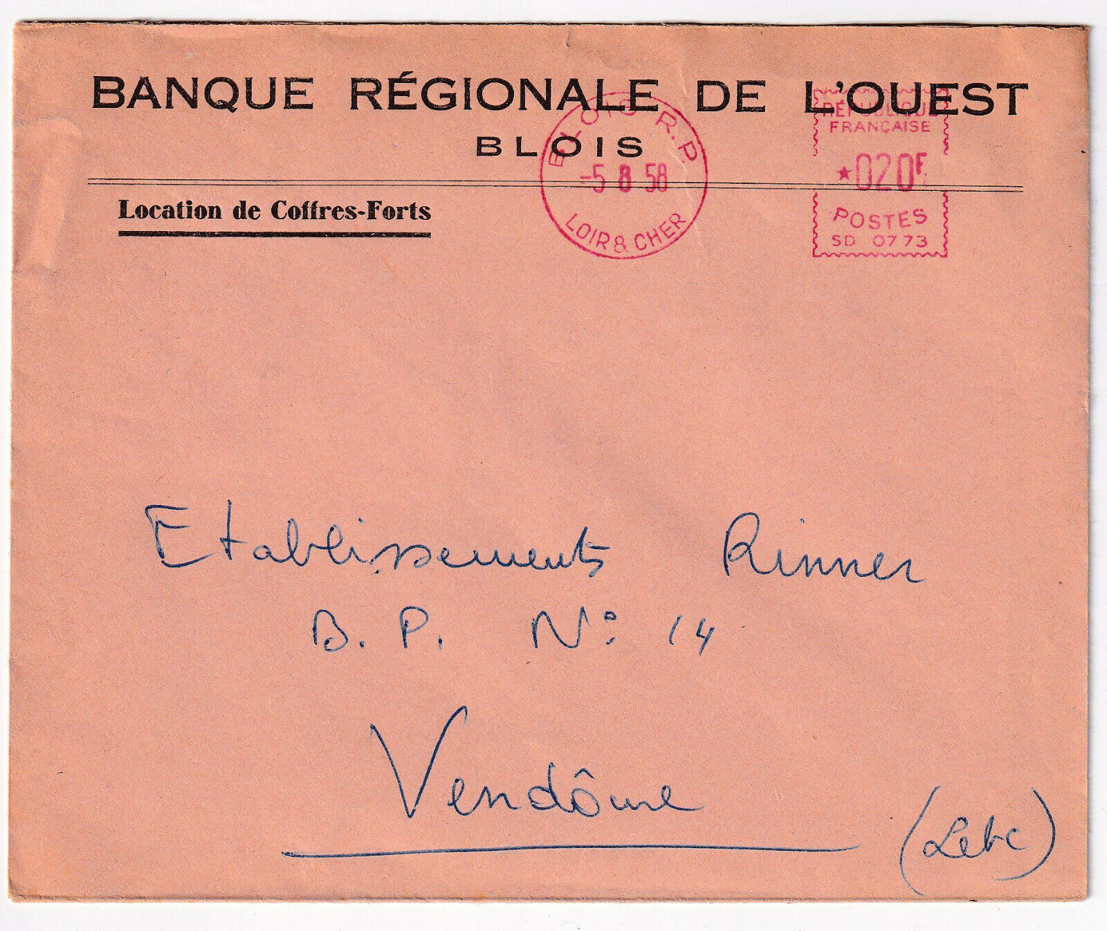 LETTRE PUBLICITAIRE 1958 BANQUE REGIONALE DE L OUEST BLOIS LOCATION COFFRE FORTS 403239163302