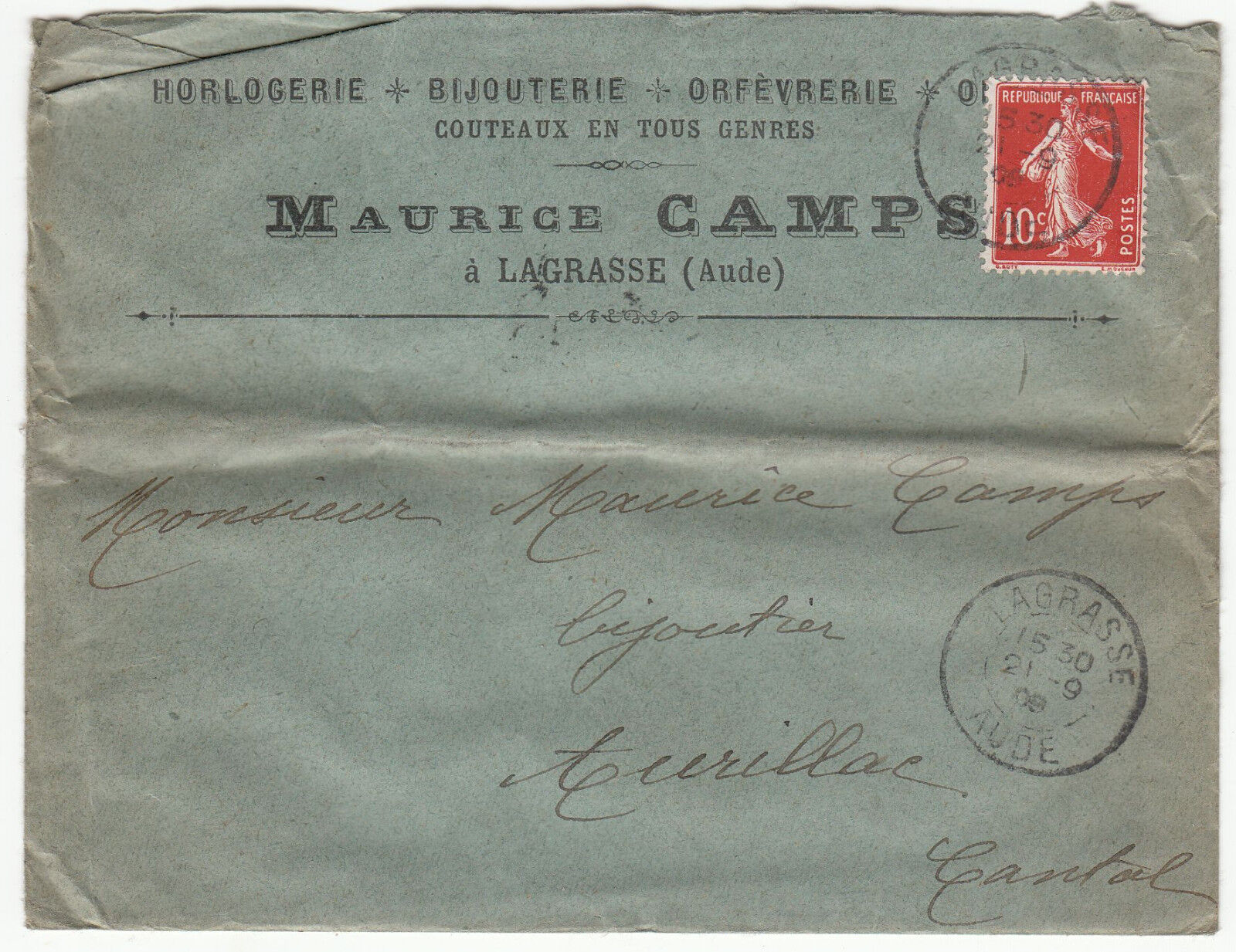 LETTRE PUBLICITAIRE LAGRASSE AURILLAC 1909 HORLOGERIE COUTEAUX MAURICE CAMPS 401462370602