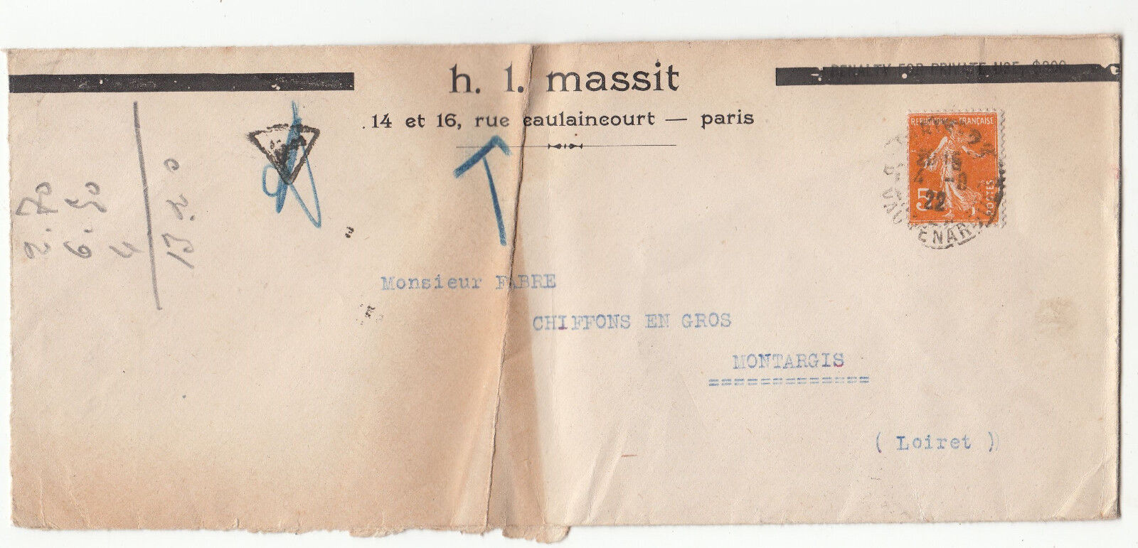 LETTRE PUBLICITAIRE PARIS MONTARGIS 1922 TAXE CACHET PLUS TAXE CRAYON BLEU 122868144172