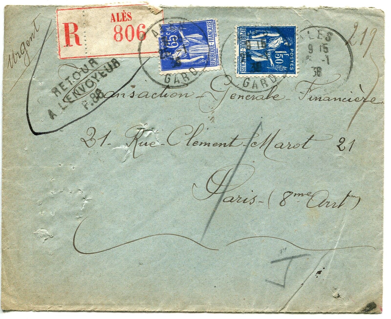 LETTRE RECOMMANDE ALES PARIS 1938 RETOUR A L ENVOYEUR TYPE PAIX N 365 288 121450628952