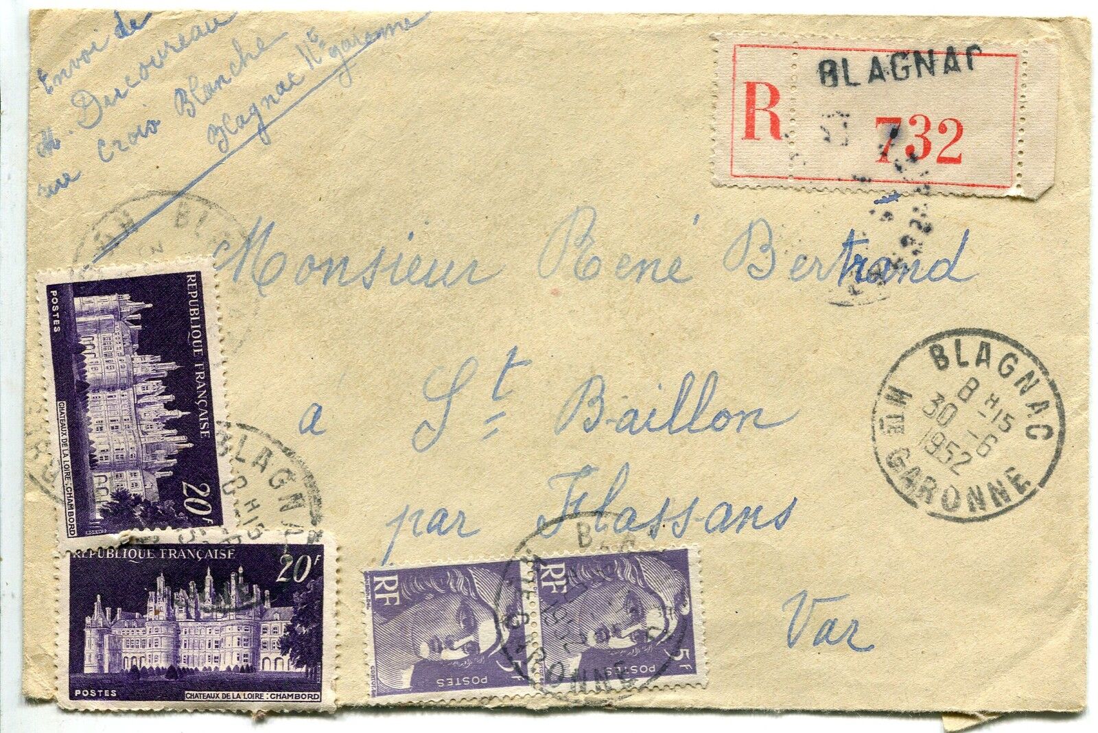 LETTRE RECOMMANDE BLAGNAC FLASSANS 1952 TIMBRE CACHET D ARRIVE AU DOS 400819260362