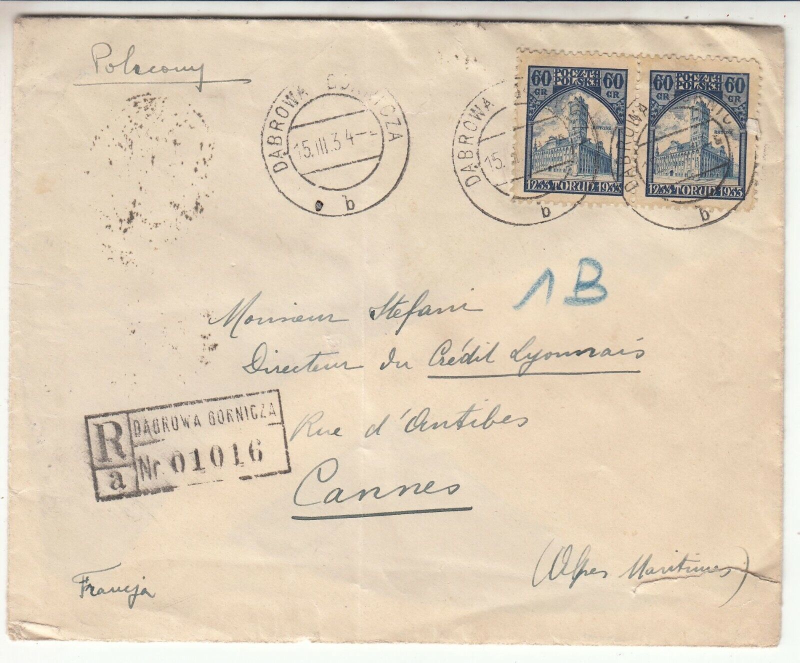 LETTRE RECOMMANDE POLOGNE DABROWA GORNIGZA TOULON 1934 CACHET CIRE AU DOS 123749702572