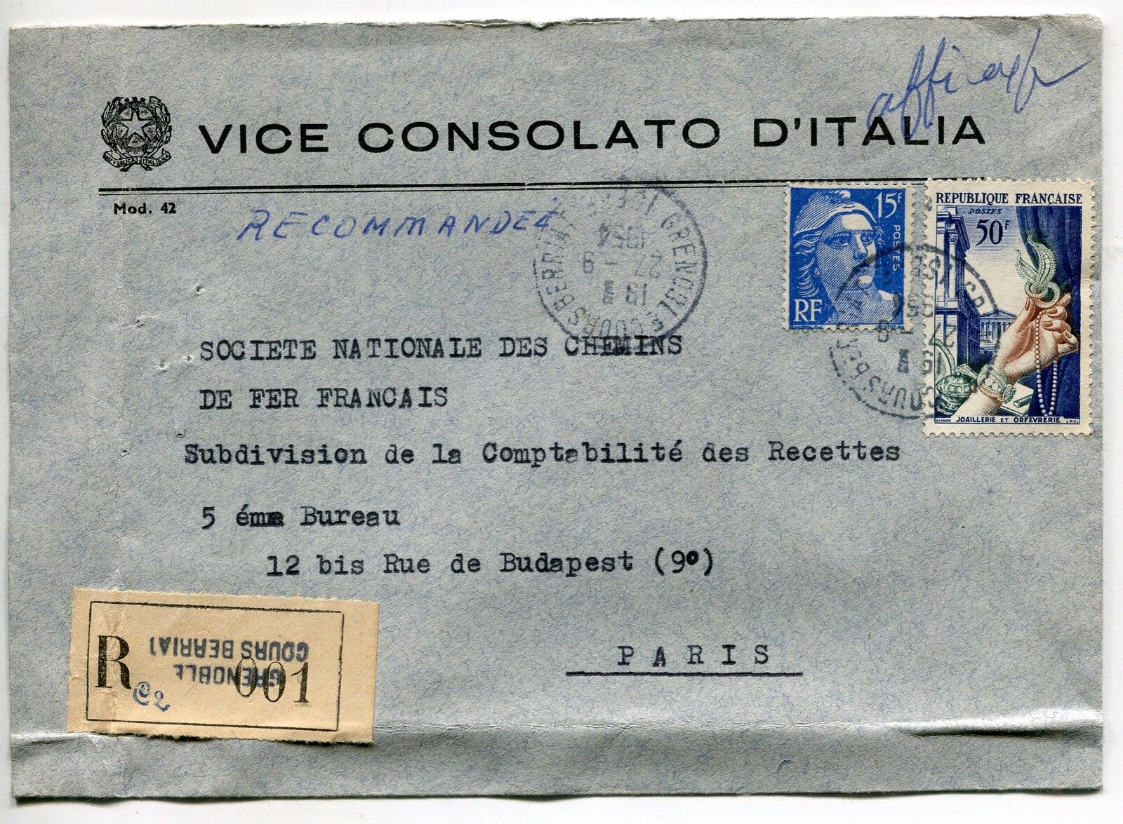 LETTRE RECOMMANDE VICE CONSULAT D ITALIE A GRENOBLE POUR PARIS 1954 400443731372