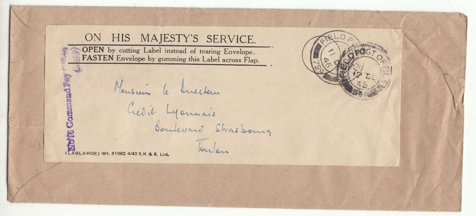 LETTRE SERVICE DE SA MAJESTE FIELD POST TOULON 1945 CREDIT LYONNAIS 123748773142