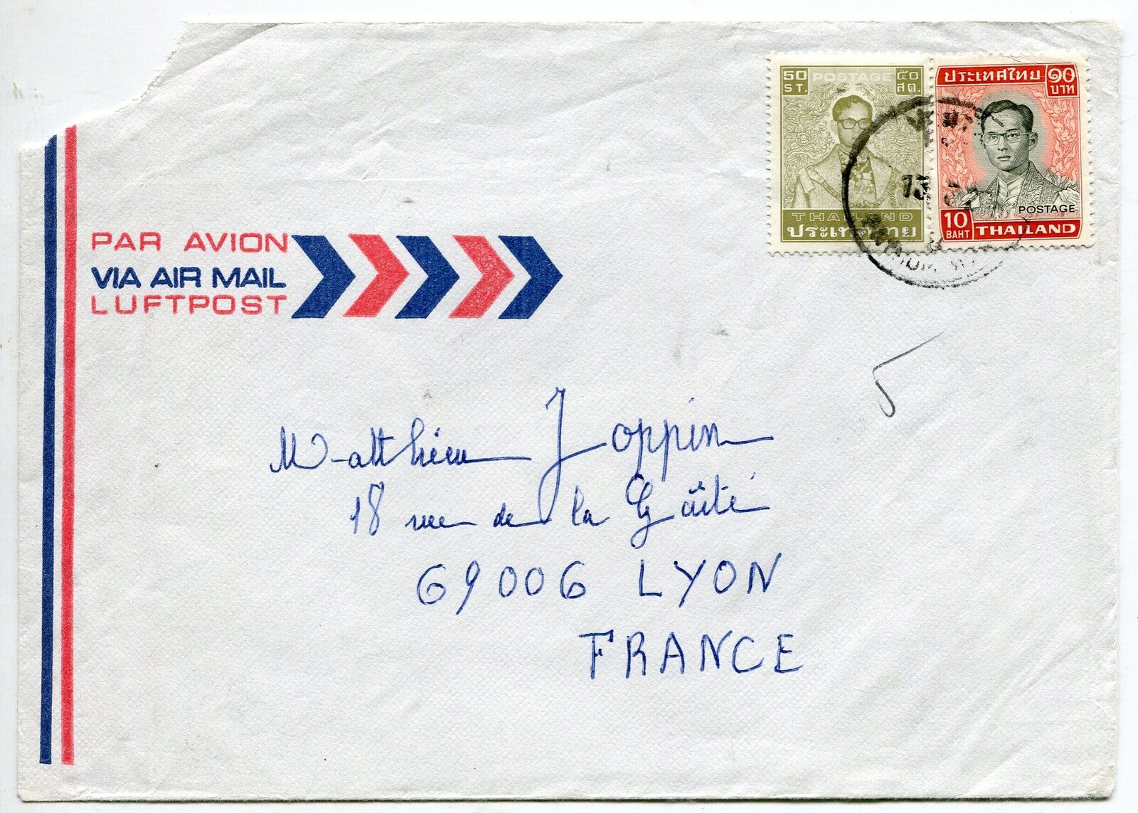 LETTRE THAILAND LYON FRANCE PAR AVION AIR MAIL 400731684462