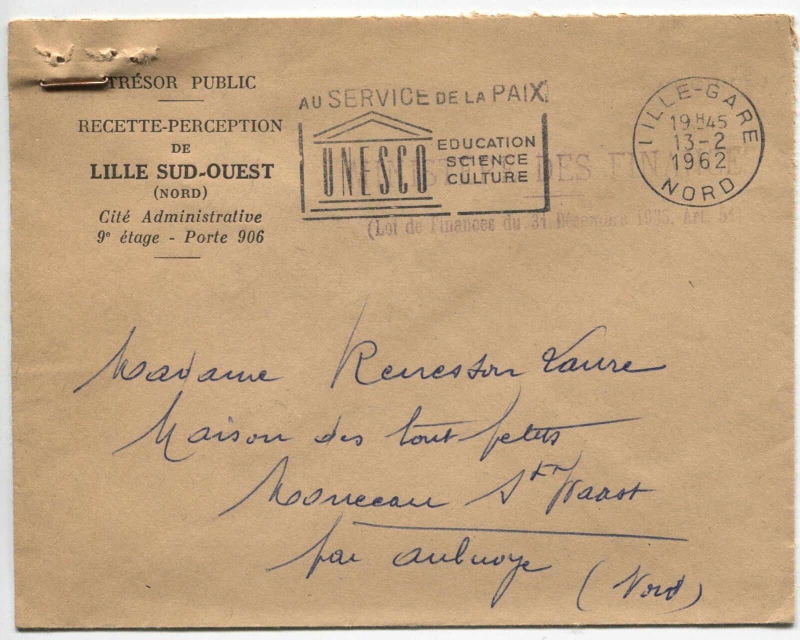 LETTRE TRESOR PUBLIC DE LILLE SUD OUEST POUR AULNOYE 1962 FLAMME 120996721162