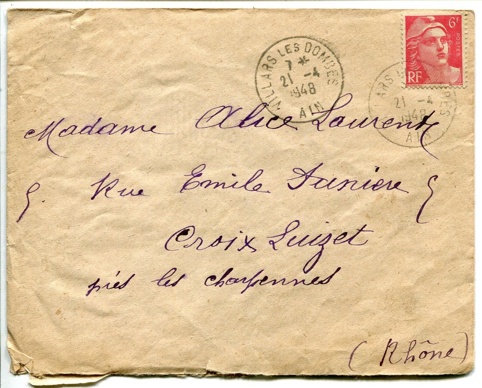 LETTRE VILLARS LES DOMBES POUR CROIX LUIZET 1948 400720630692