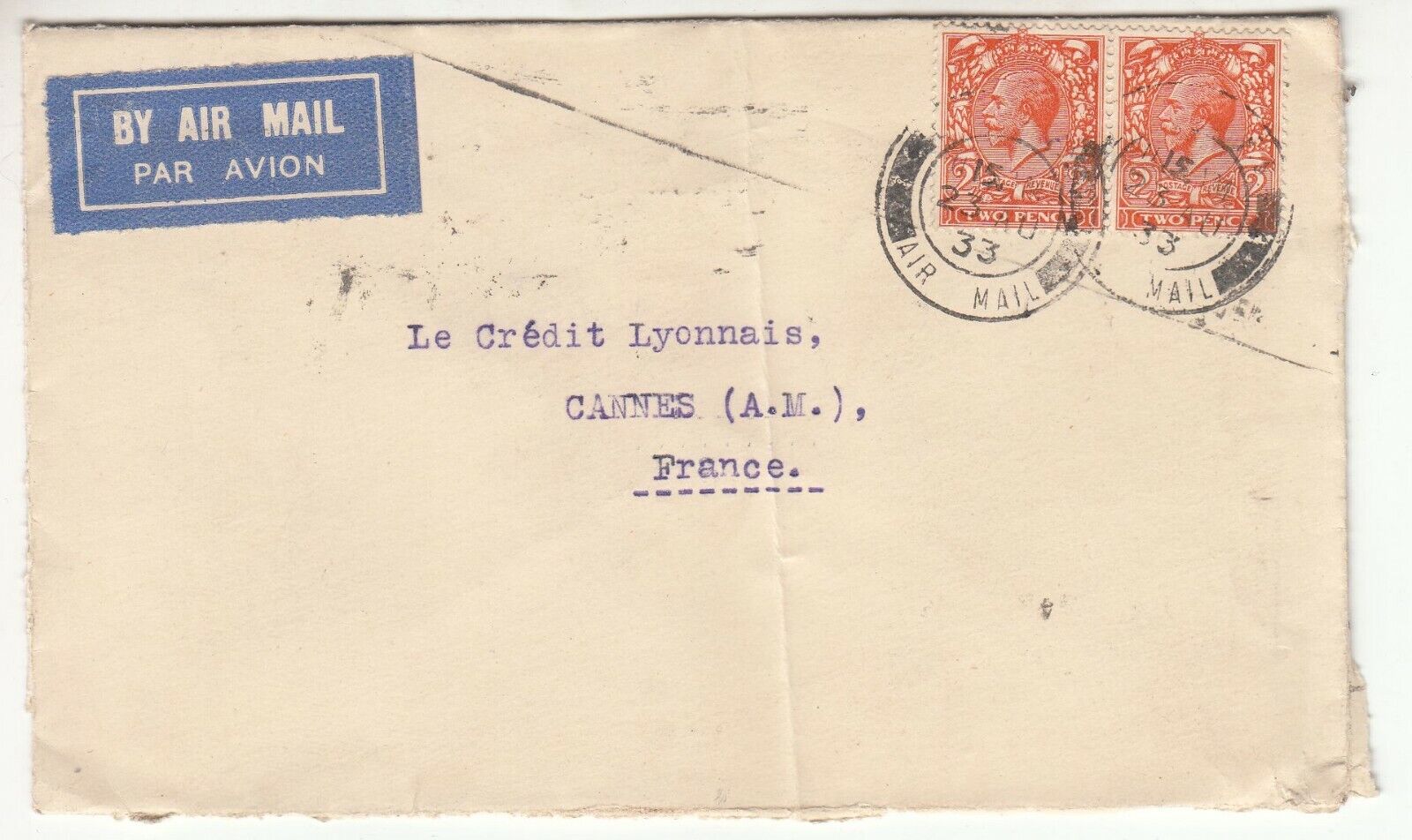 LETTRE W NAUMANN LONDON CANNES 1933 CREDIT LYONNAIS PAR AVION FLAMME 401757013052