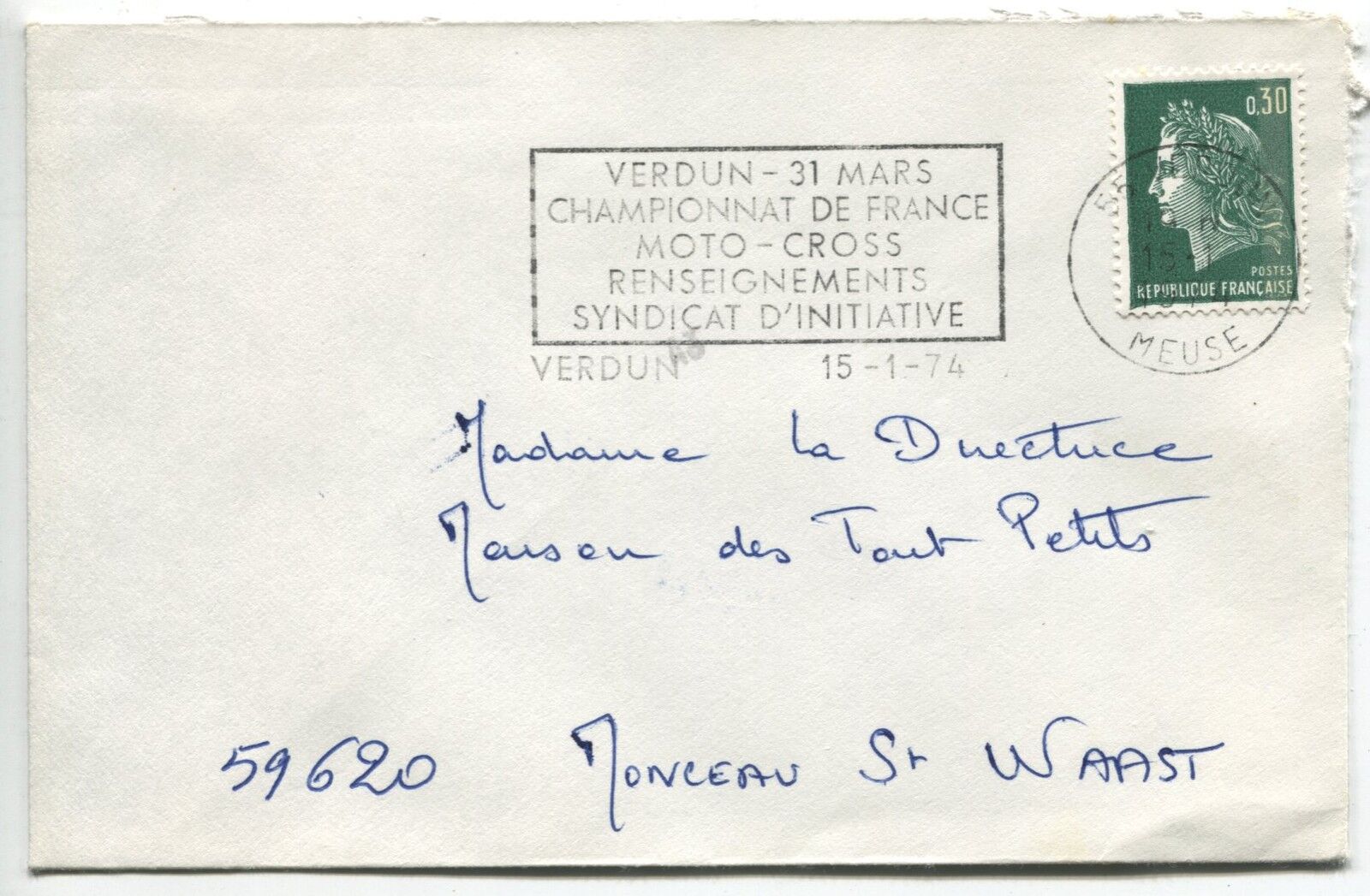 LETTRES VERDUN POUR MONCEAU ST WAAST 1974 TIMBRE 1 BANDE PHOSPHORES FLAMME 110865976582