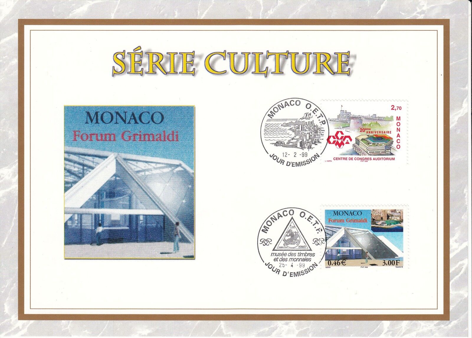 MONACO CEF PREMIER JOUR 1999 TIMBRE N 2192 2202 SERIE CULTURE FORUM GRIMALDI 121930443422