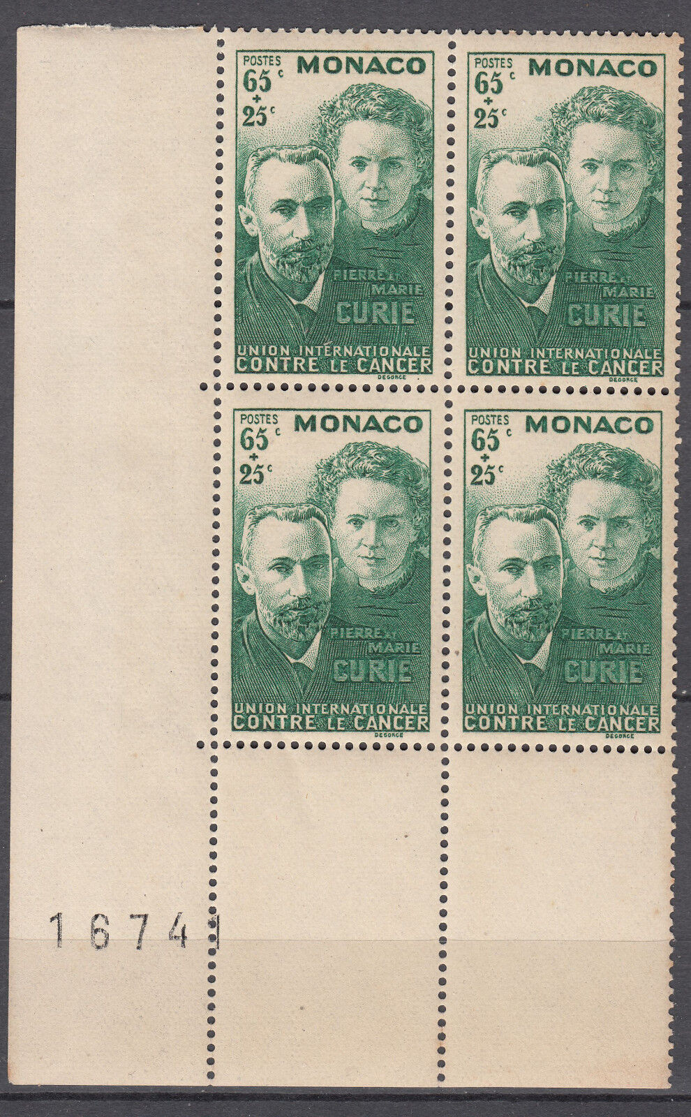 TIMBRE BLOC DE 4 COIN DATE MONACO NEUF N 167 PIERRE ET MARIE CURIE 123412746592