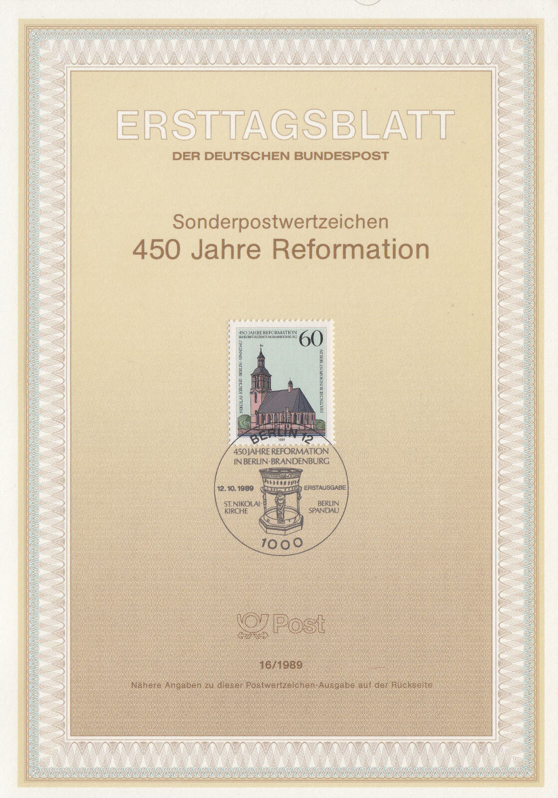 TIMBRE FDC ALLEMAGNE BERLIN OBL ERSTTAGSBLATT EGLISE SAINT NIKOLAI 1989 401233102752