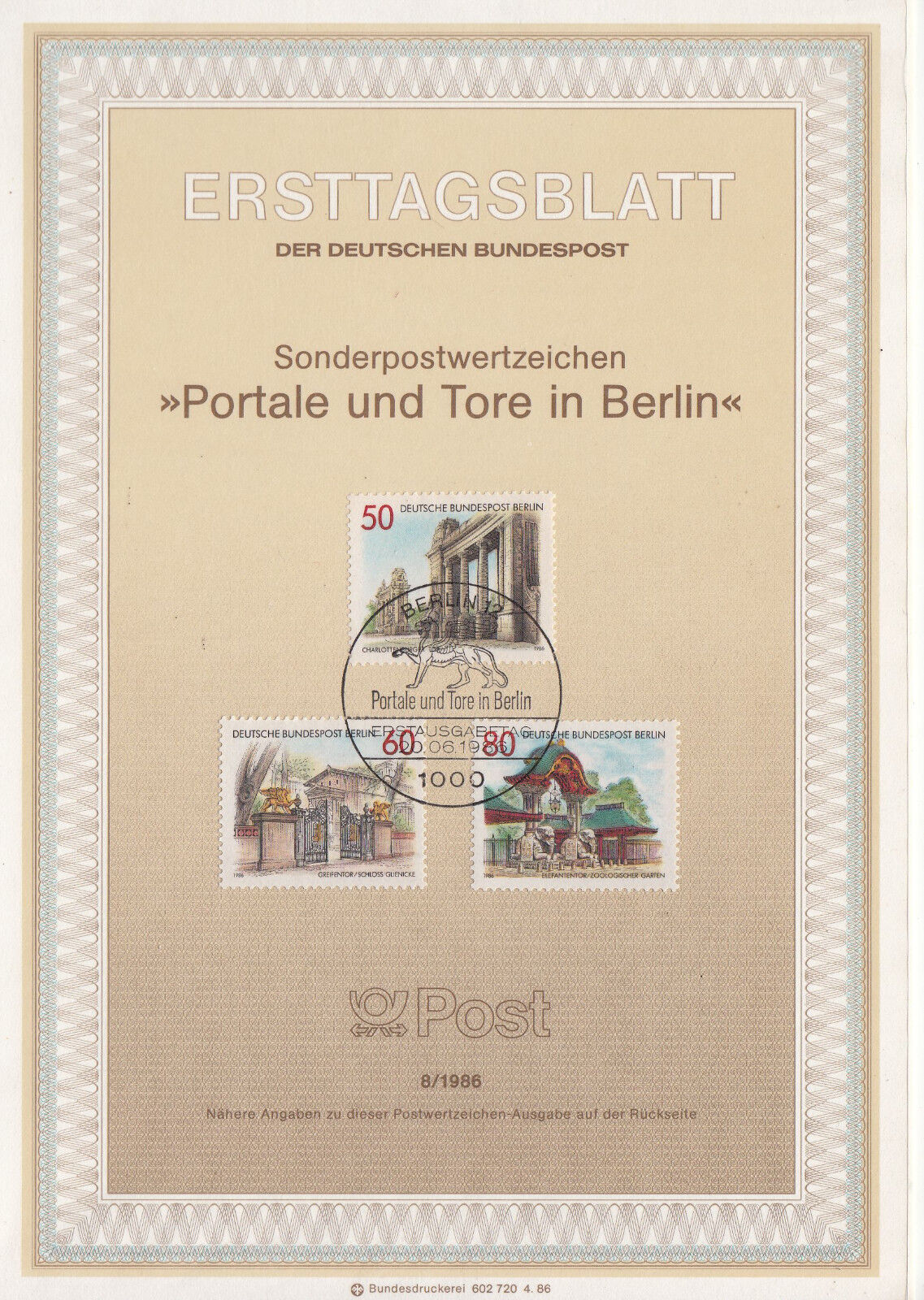 TIMBRE FDC ALLEMAGNE BERLIN OBL ERSTTAGSBLATT PORTE ET PORTAILS DE BERLIN 1986 401234462312