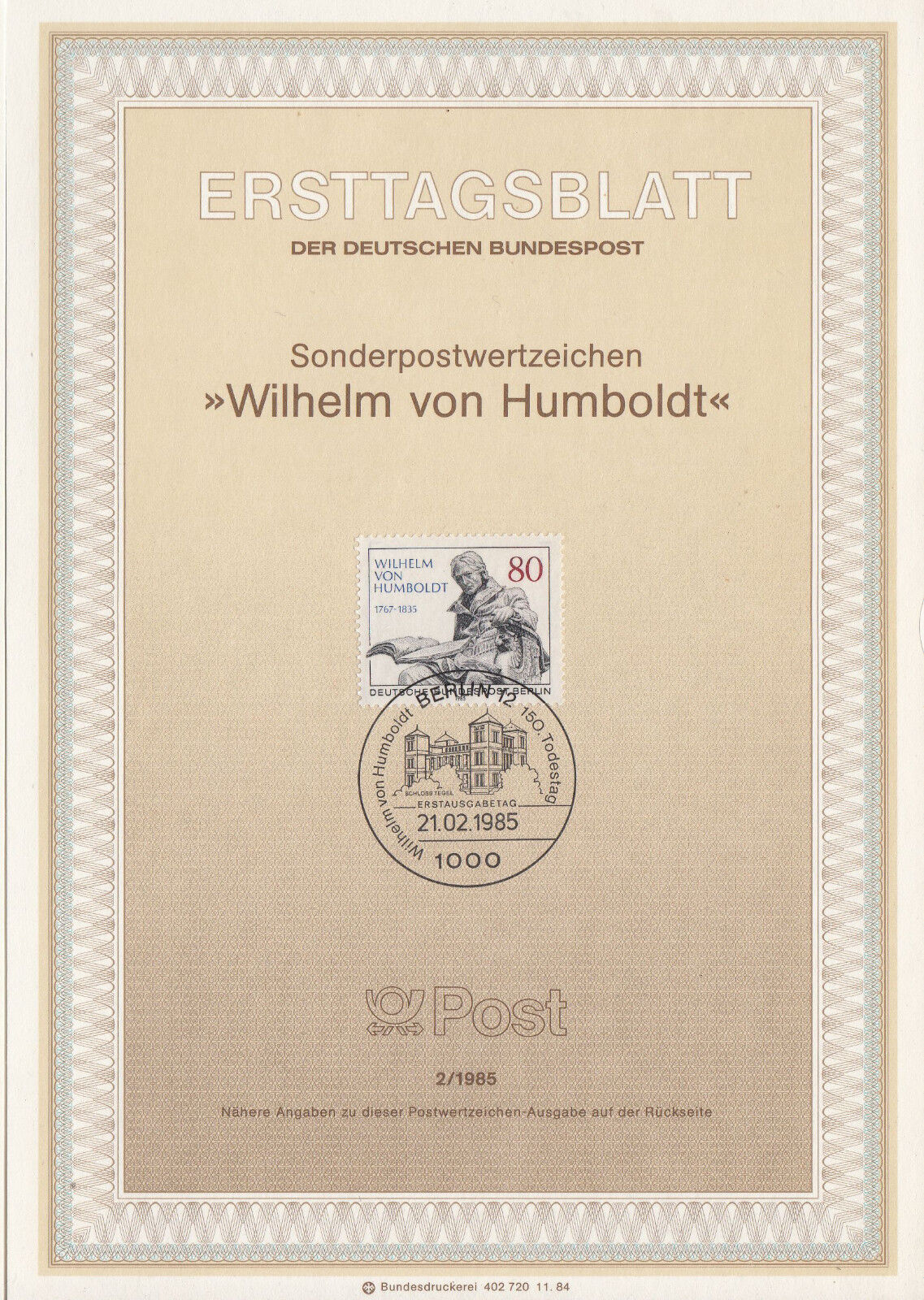 TIMBRE FDC ALLEMAGNE BERLIN OBL ERSTTAGSBLATT WILHELM VON HUMBOLDT 1985 122246842652