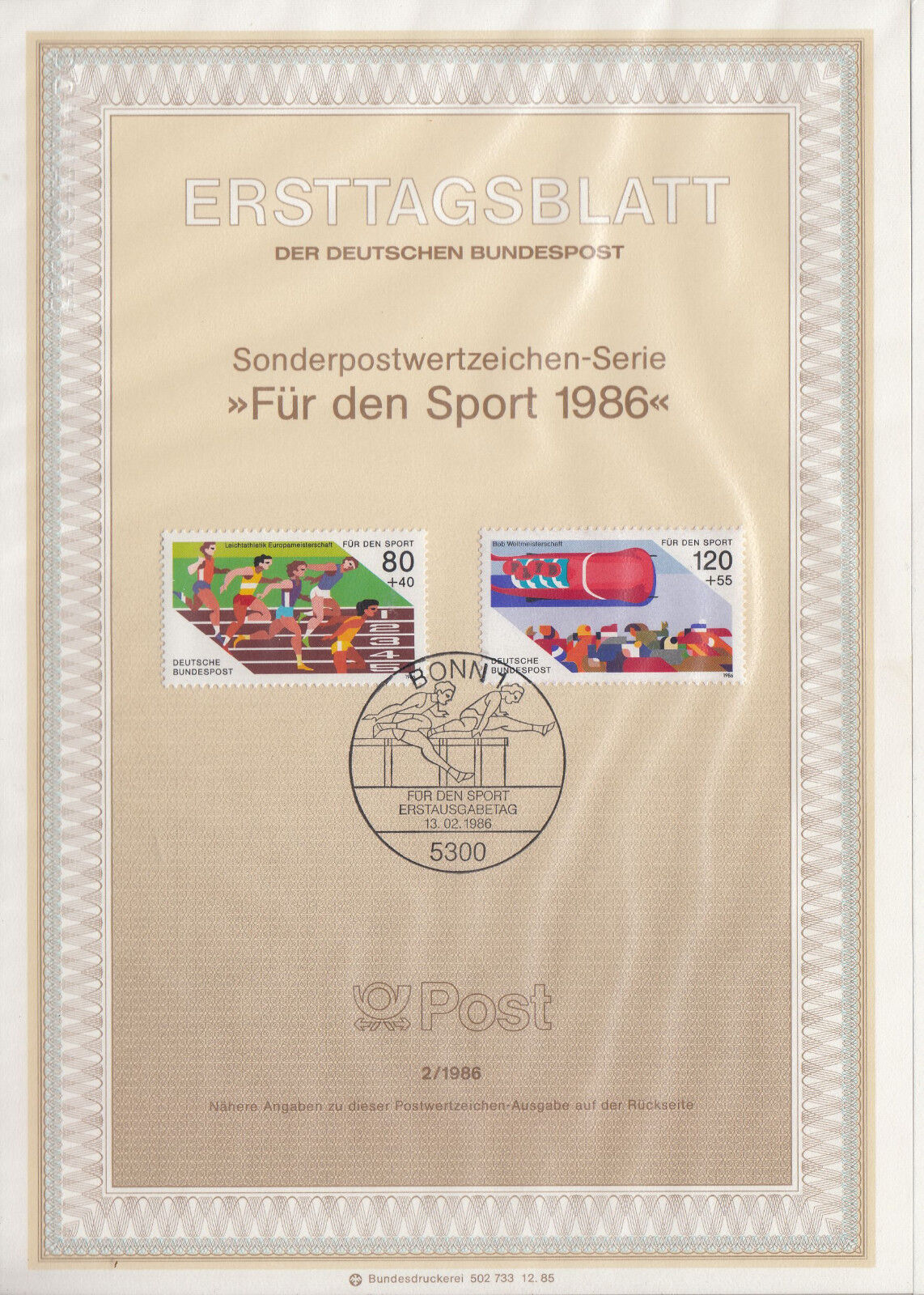 TIMBRE FDC ALLEMAGNE BONN OBL ERSTTAGSBLATT BOBSLEIGHT ATHLETISME SPORT 1986 401234435552