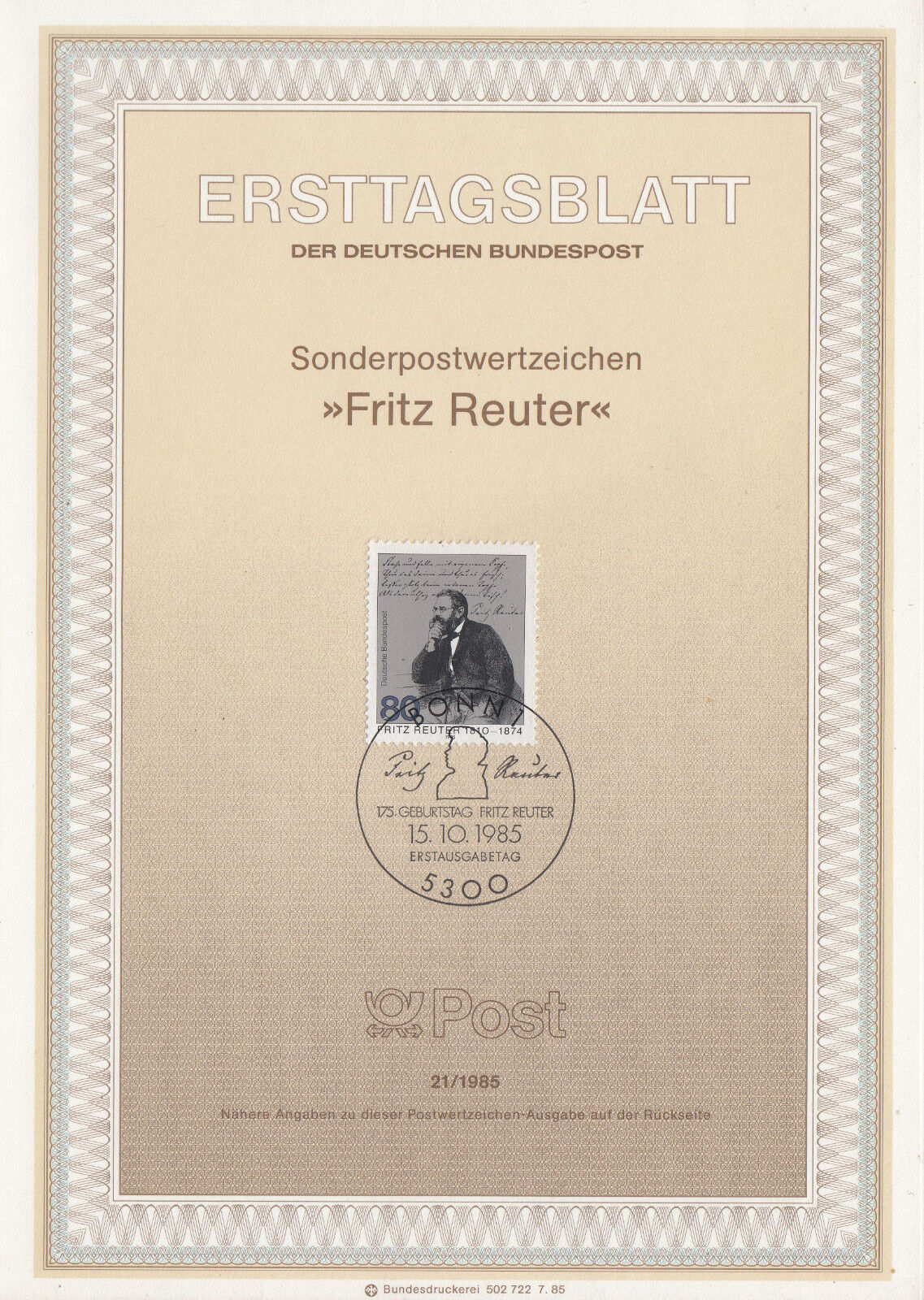 TIMBRE FDC ALLEMAGNE BONN OBL ERSTTAGSBLATT ECRIVAIN FRITZ REUTER 1985 401234582002