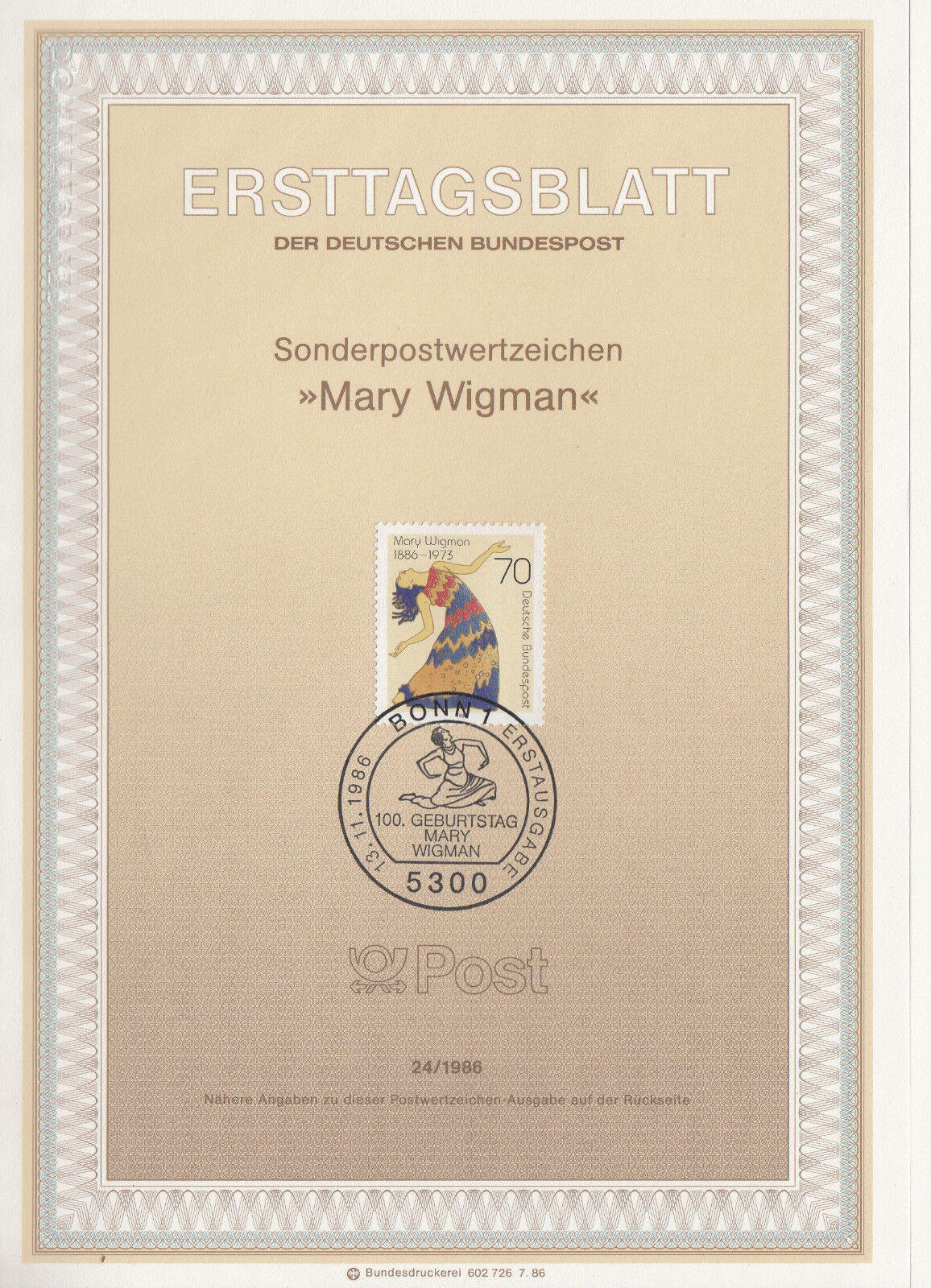 TIMBRE FDC ALLEMAGNE BONN OBL ERSTTAGSBLATT MARY WIGMAN DANSEUSE 1986 122246593492