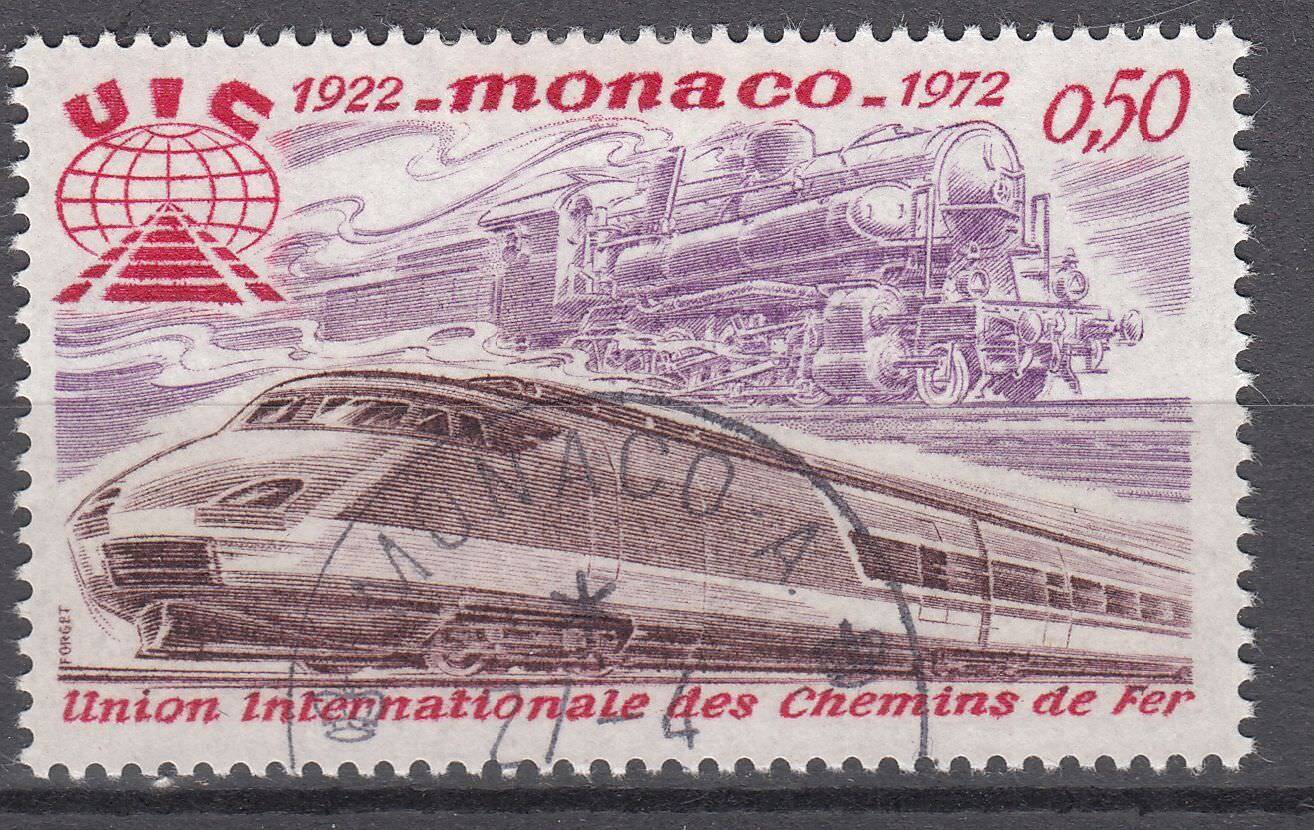 TIMBRE MONACO OBL N 879 CHEMINS DE FER LOCOMOTIVES ANCIENNE ET MODERNE 123324856552