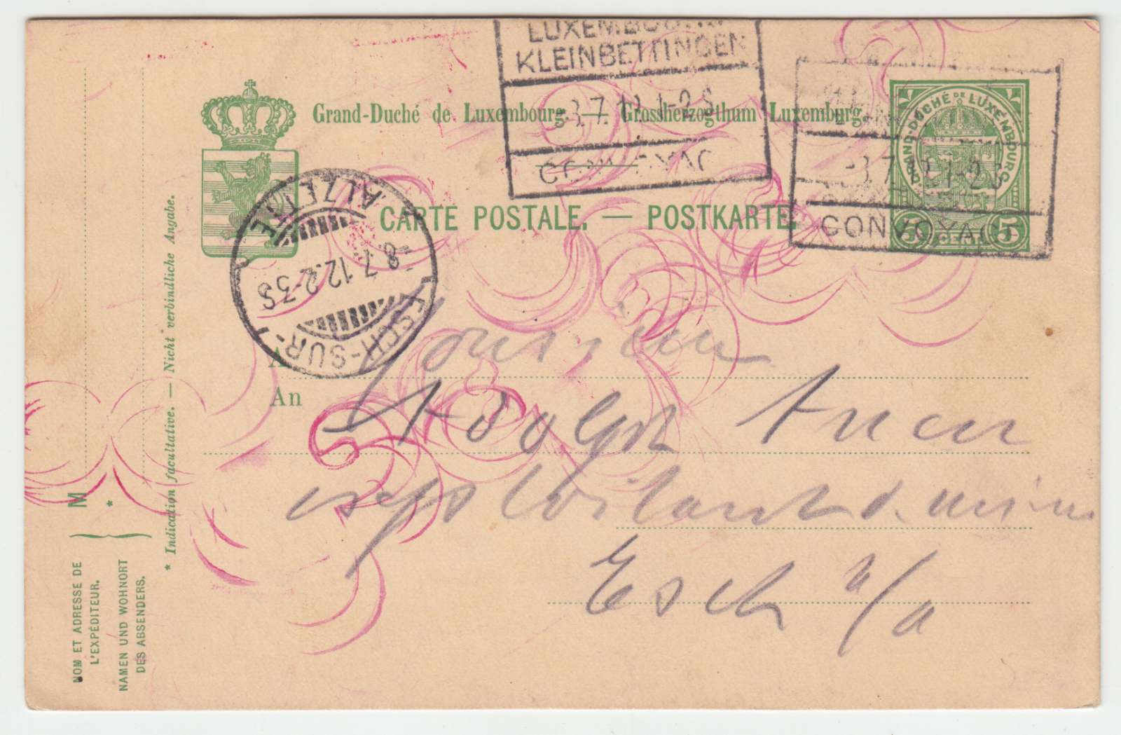 CARTE ENTIER POSTAL LUXEMBOURG ESCH SUR ALZETTE CACHET CONVOYAGE 124708006073