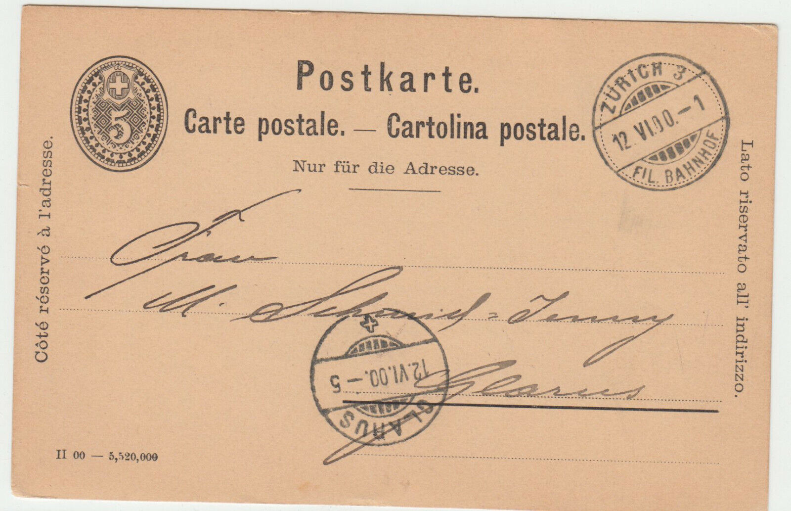 CARTE ENTIER POSTALE SUISSE 1900 ZURICH 3 POUR GLARUS 124710084833