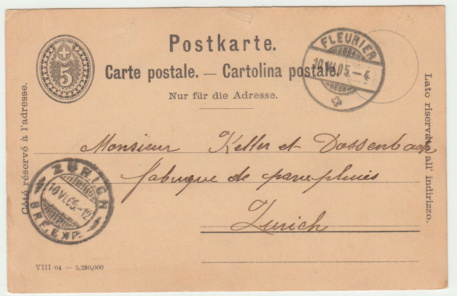 CARTE ENTIER POSTALE SUISSE 1905 FLEURIER POUR ZURICH 402824626873