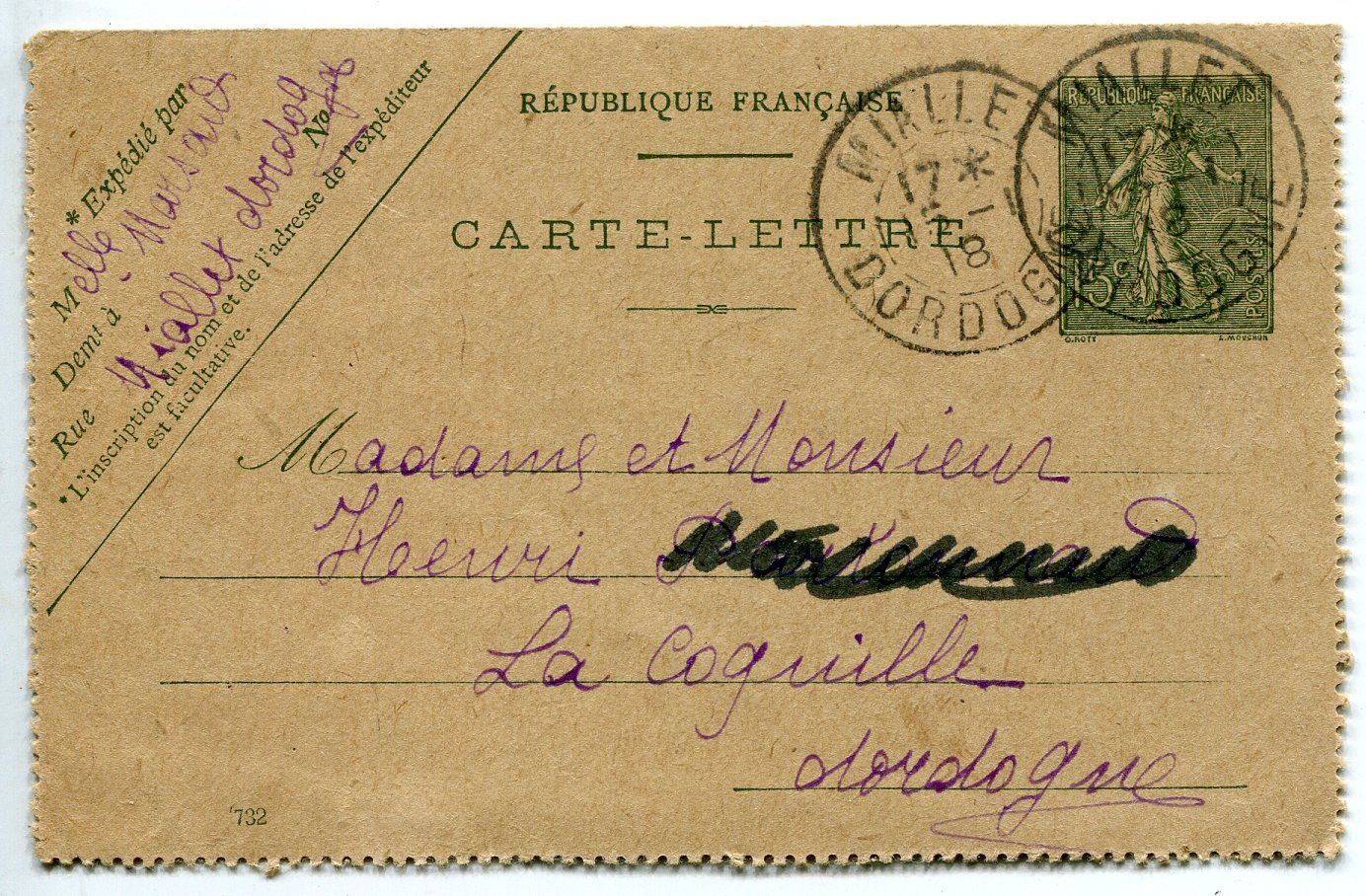 CARTE LETTRE ENTIER POSTAL 130 CP1 MIALLET LA COQUILLE 1918 400782751583