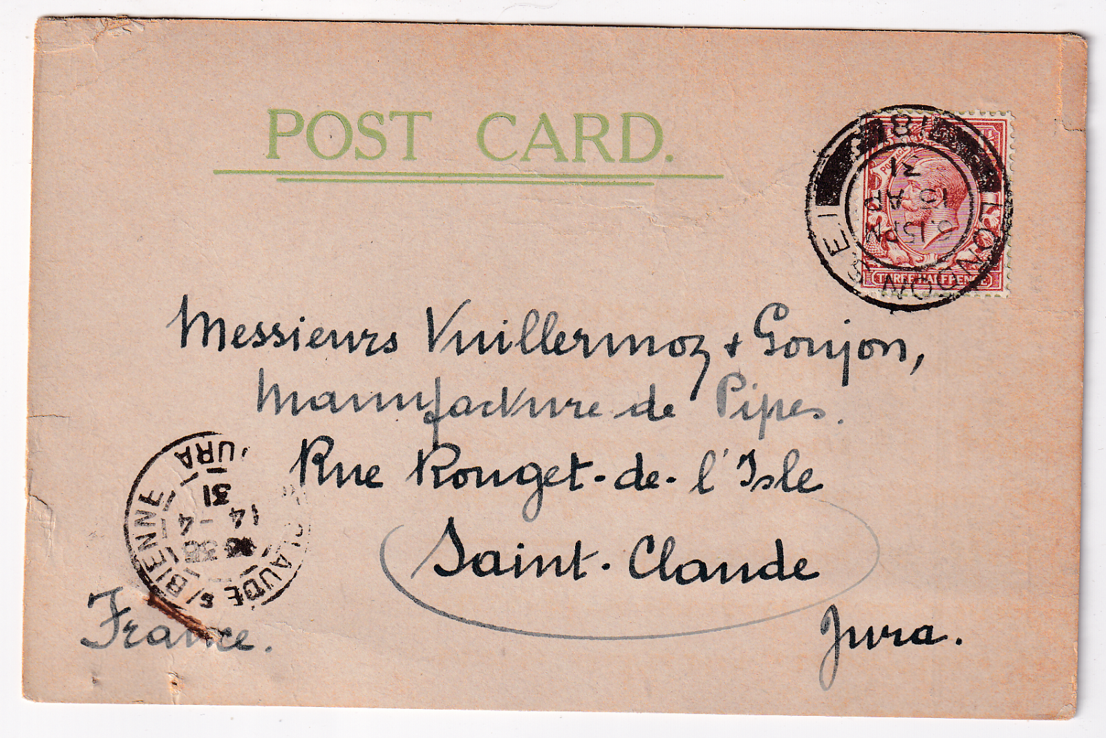 CARTE LETTRE PUBLICITAIRE GRANDE BRETAGNE POUR ST CLAUDE 1931 125112985753