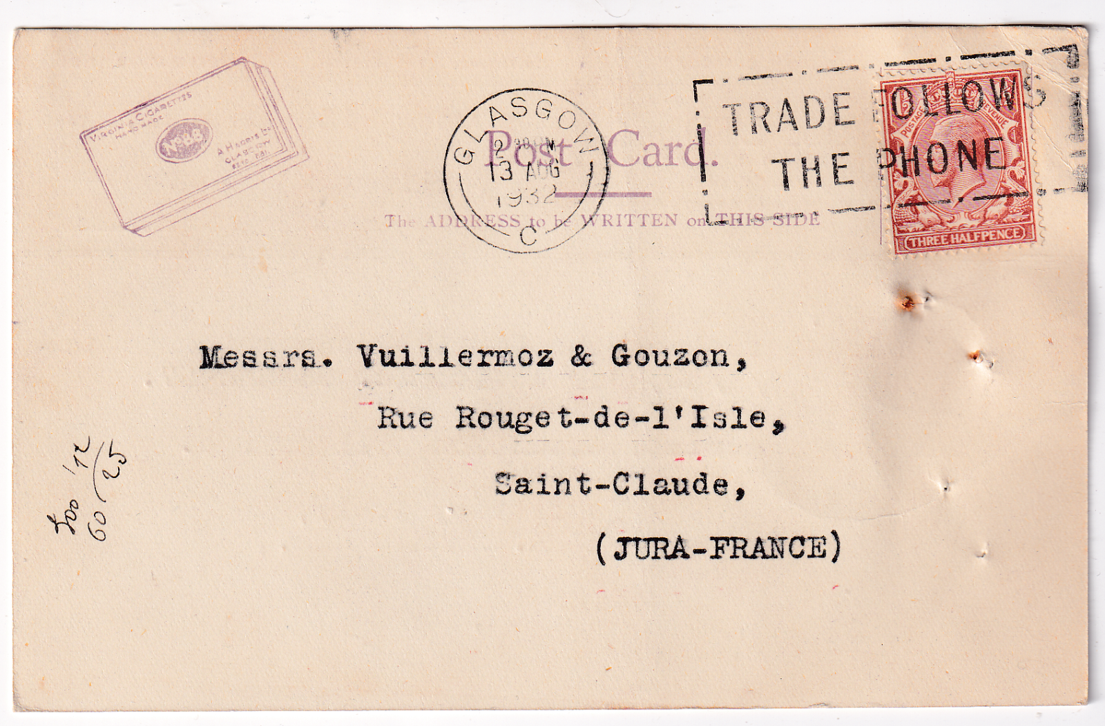 CARTE LETTRE PUBLICITAIRE GRANDE BRETAGNE POUR ST CLAUDE 1932 403424555273