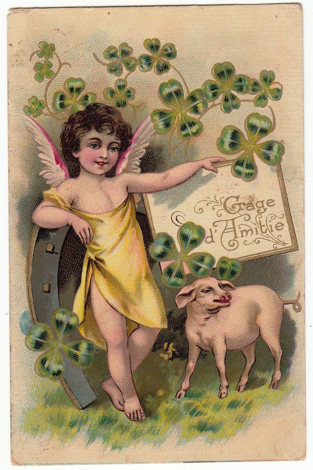 CARTE POSTALE FANTAISIE ANGE COCHON ET FER A CHEVAL 121868911483