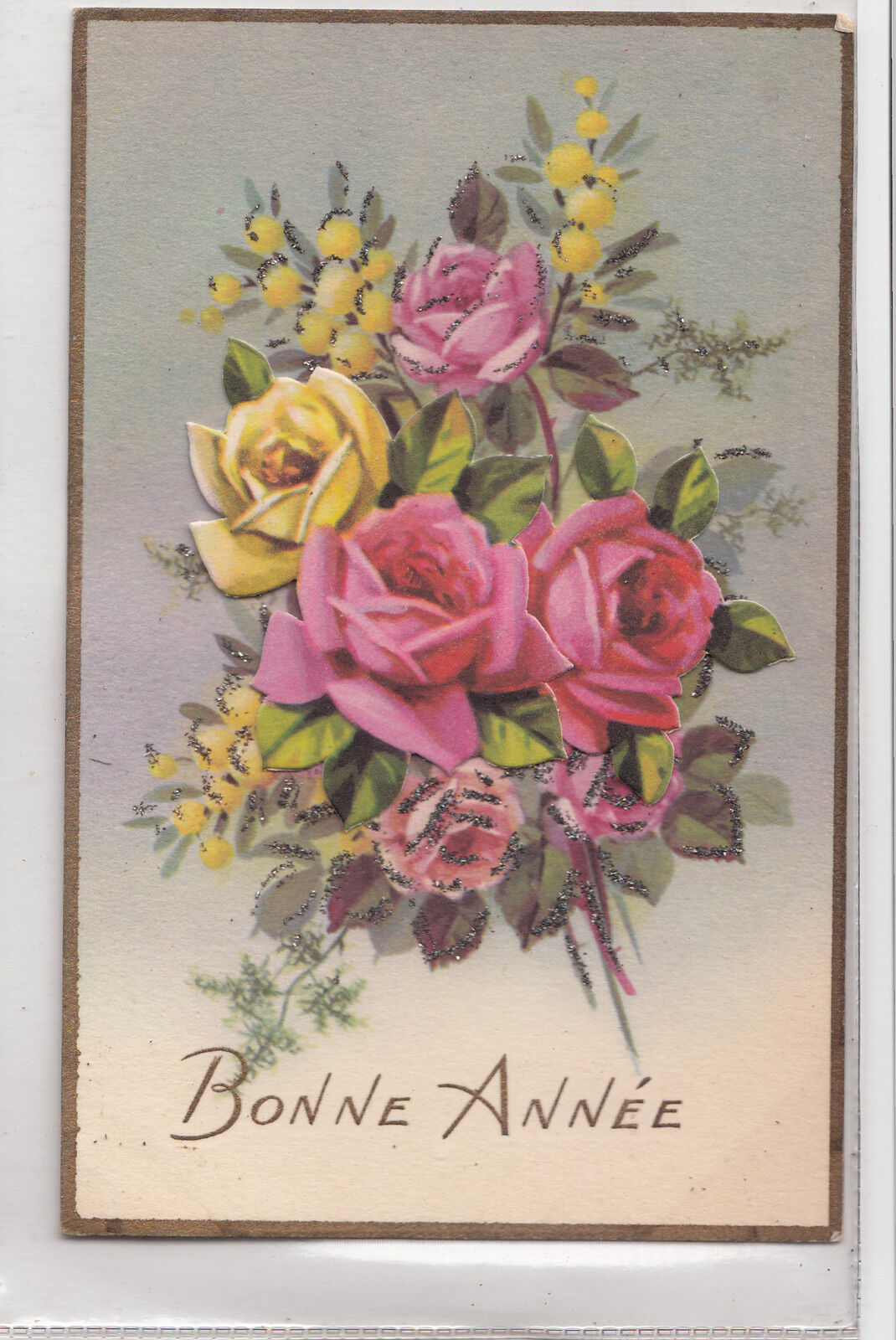 CARTE POSTALE FANTAISIE BONNE ANNEE ROSE EN RELIEF 121004477043