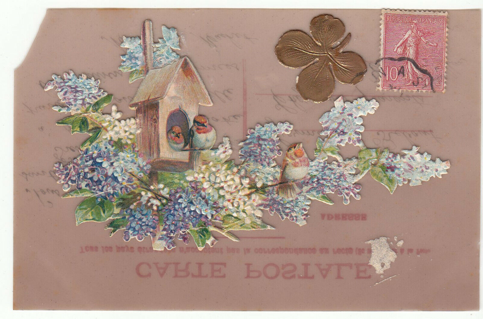 CARTE POSTALE FANTAISIE CELLULOIDE OISEAUX NID FLEURS 123974536543