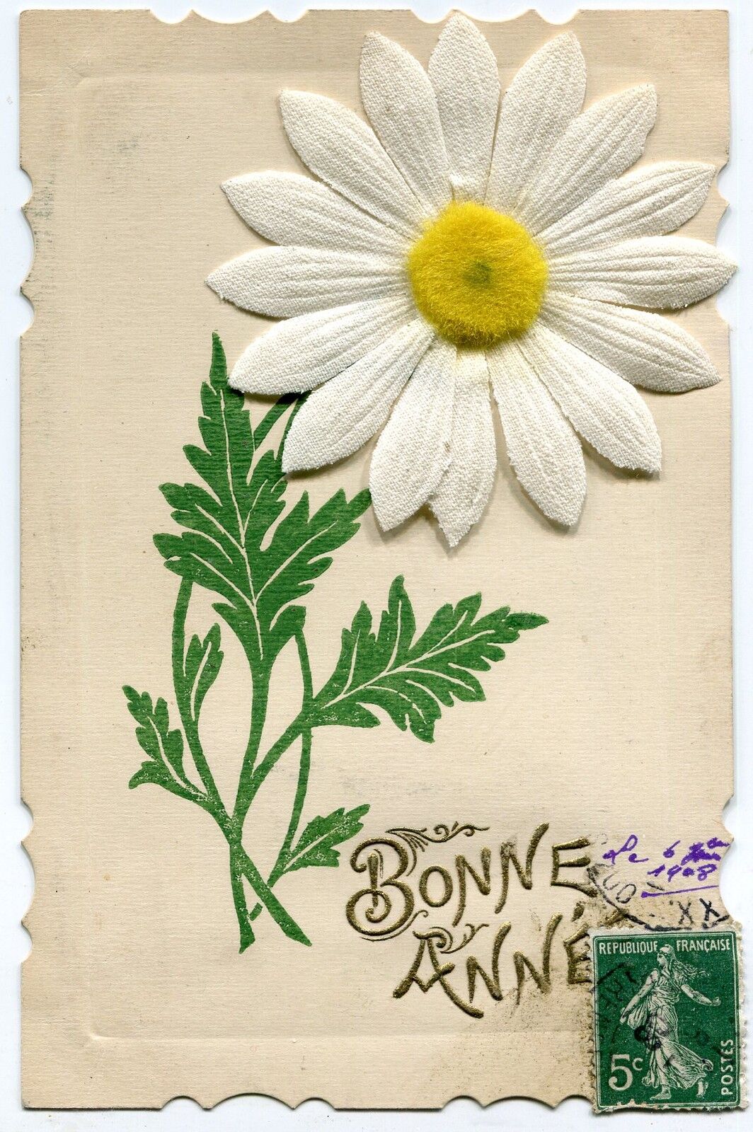 CARTE POSTALE FANTAISIE MARGUERITTE EN RELIEF TISSU BONNE ANNEE 1908 121486676703