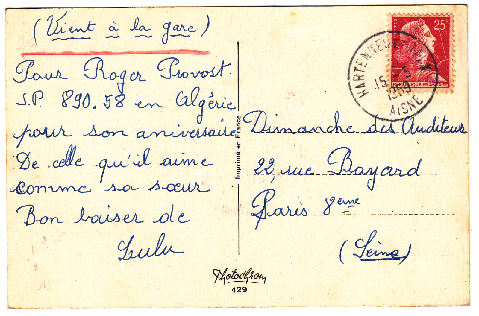 CARTE POSTALE HARTENNES ET TAUX POUR PARIS 1959 DIMANCHE DES AUDITEURS 402061274233