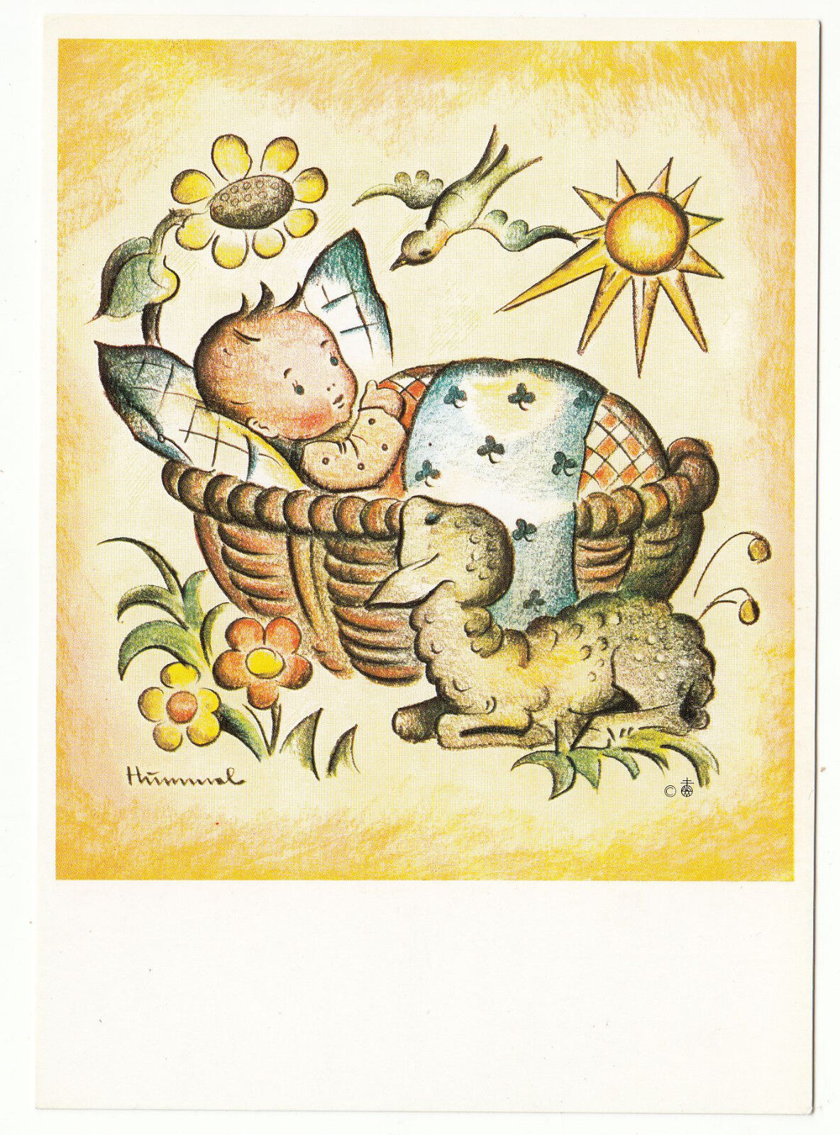 CARTE POSTALE ILLUSTRATEUR HUMMEL N 15046 BEBE DANS UN COUFIN BREBIS OISEAU 401496856463